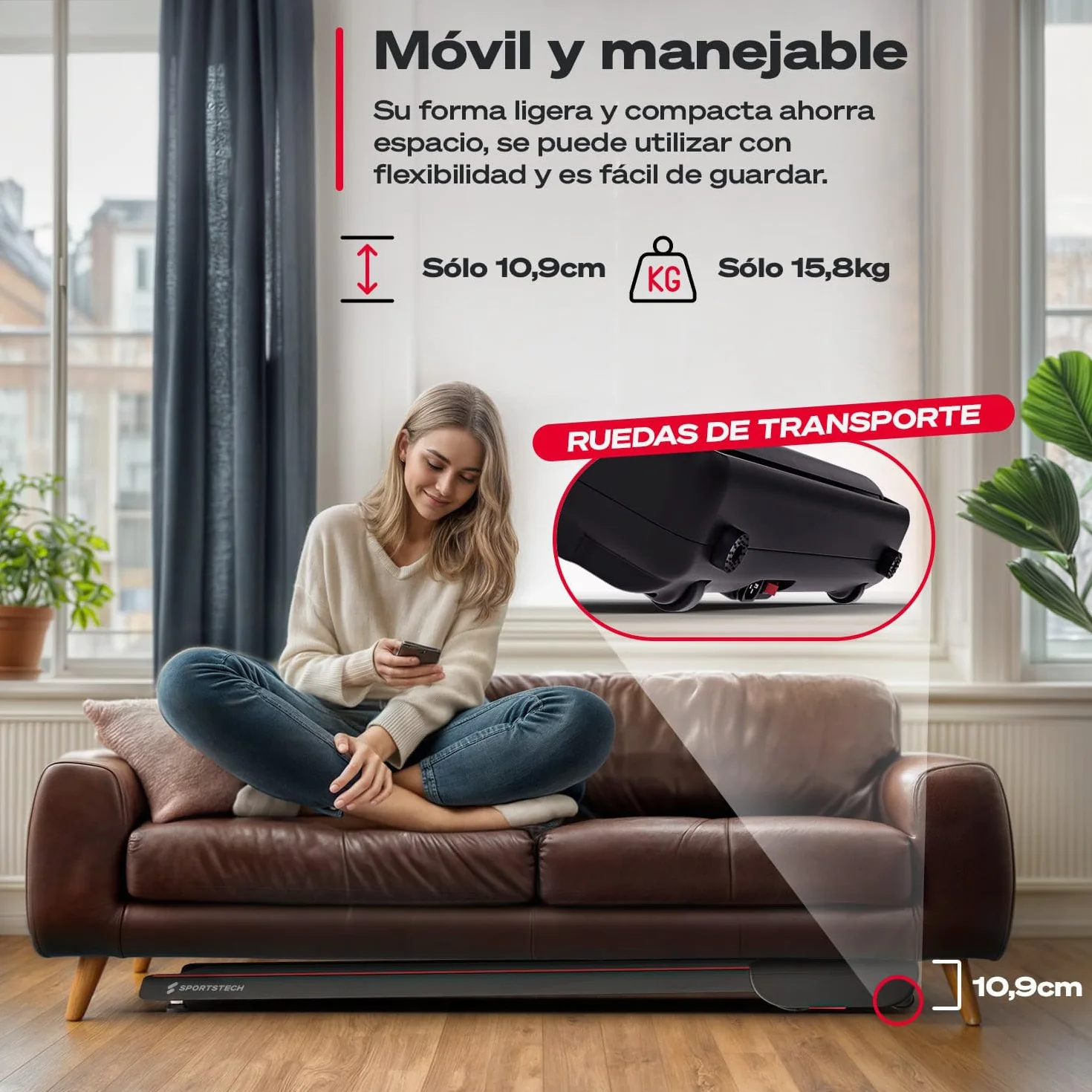 Sportstech Walking Pad hasta 6 km/h – Inclinación Manual hasta el 5 %, Control Remoto y por App, Pantalla LCD, podómetro, Ligero y Compacto, Ruedas de Transporte, WalkMate hasta 120 kg