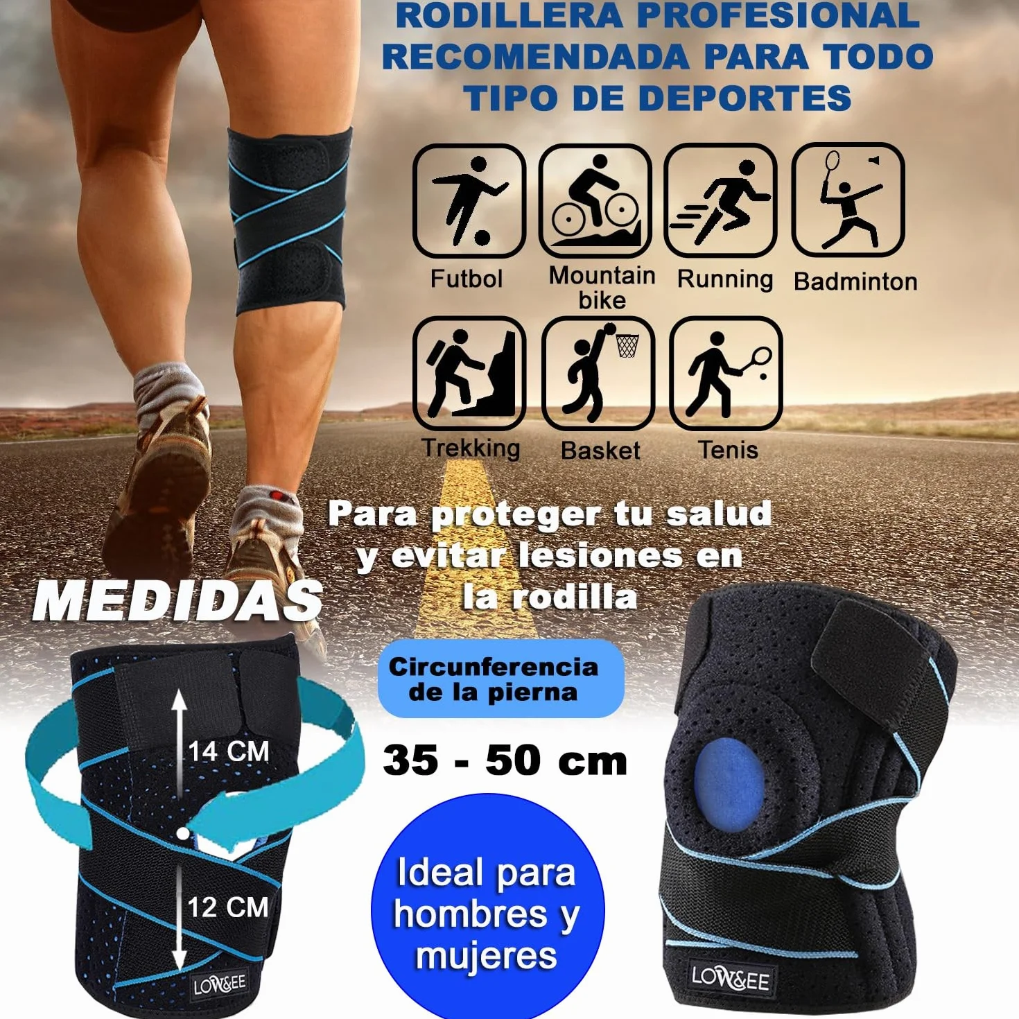 Rodilleras Deportivas Ajustables LOW&EE® Menisco y Ligamento Neopreno con Silicona Negro Azul