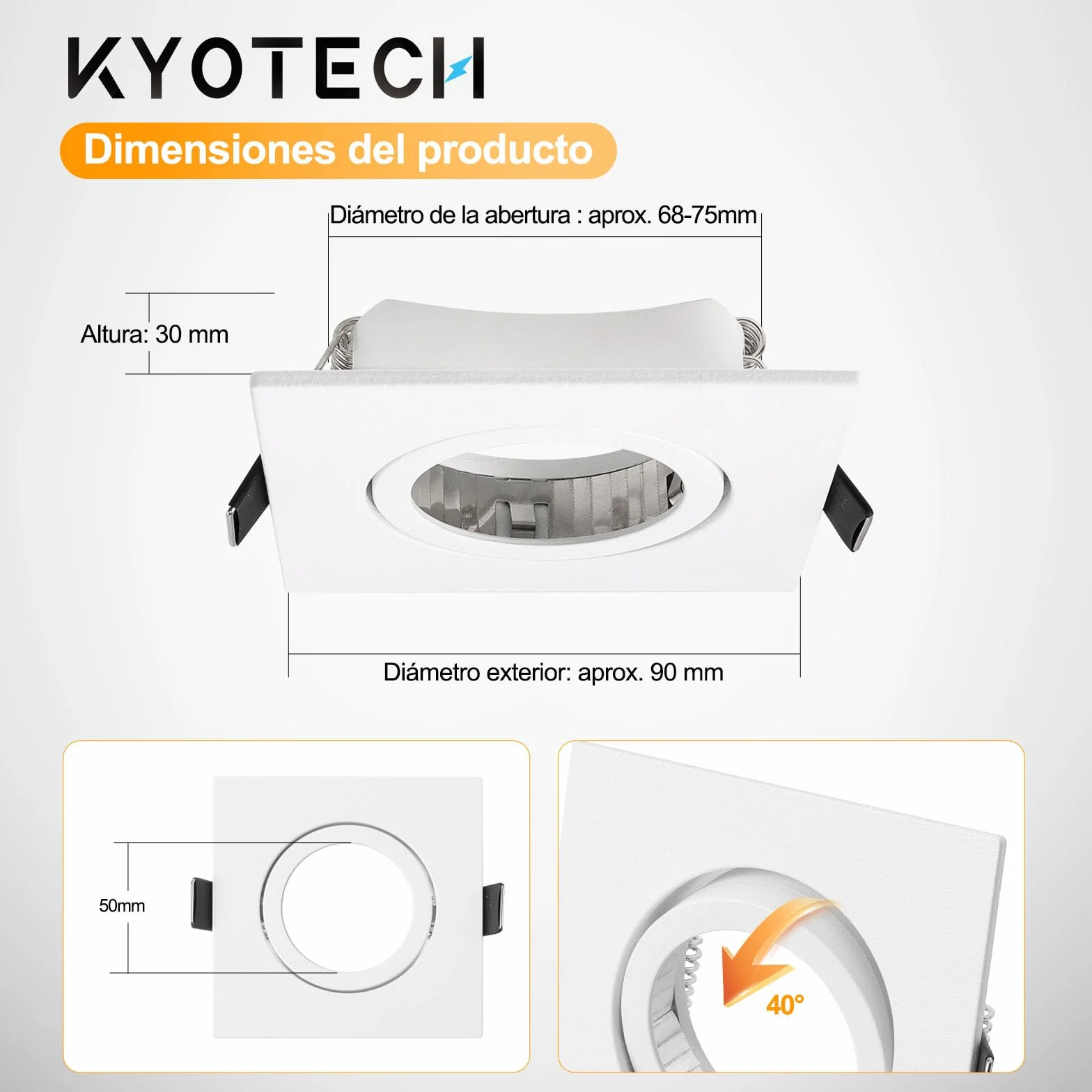 KYOTECH Juego de 6 Focos Empotrables GU10 Blanco Orientable Cuadrado
