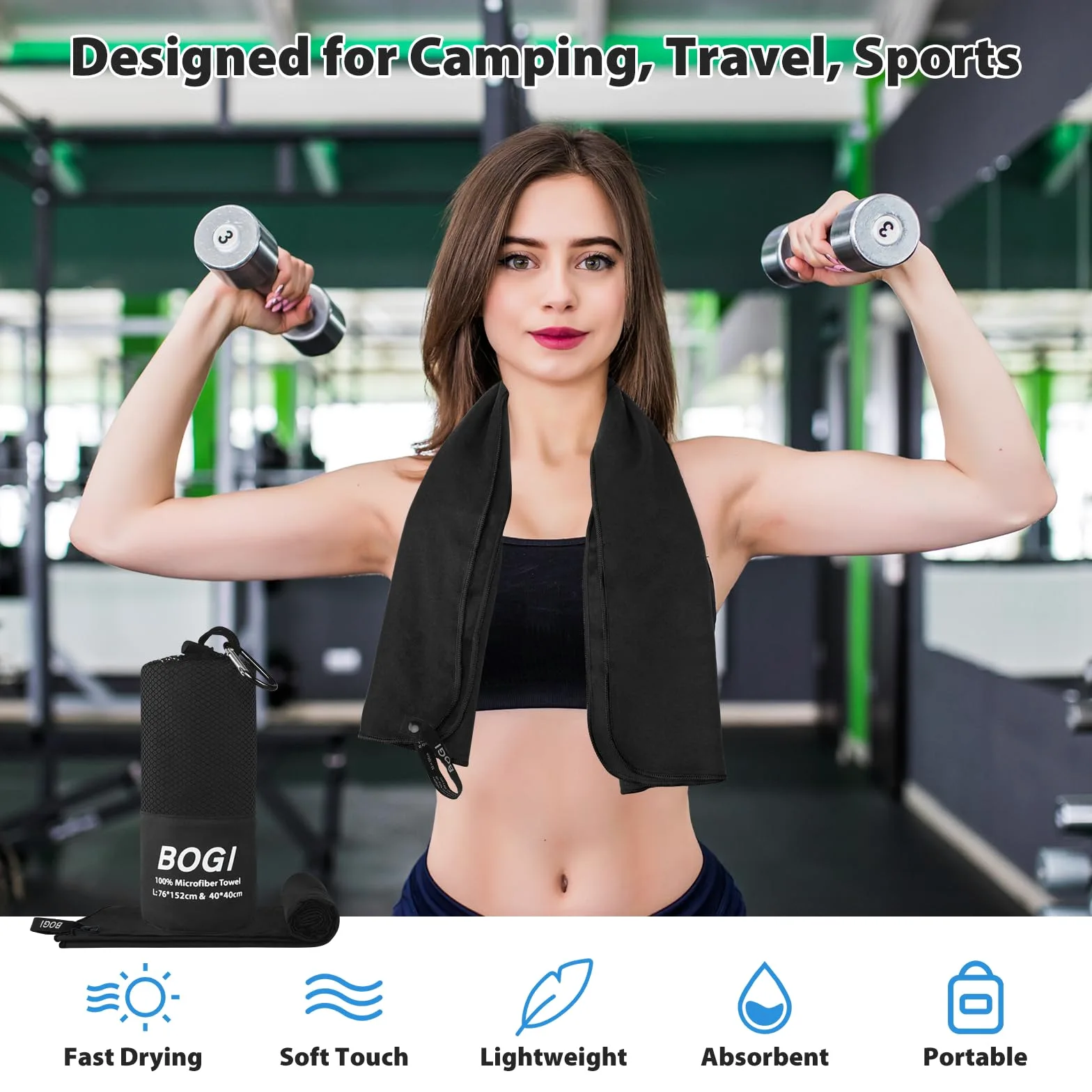 BOGI Toalla deportiva de microfibra de secado rápido, toalla de camping de microfibra suave y ligera, toalla de viaje compacta para camping, gimnasio, yoga, natación, mochileros (XL: 72 x 32 pulgadas