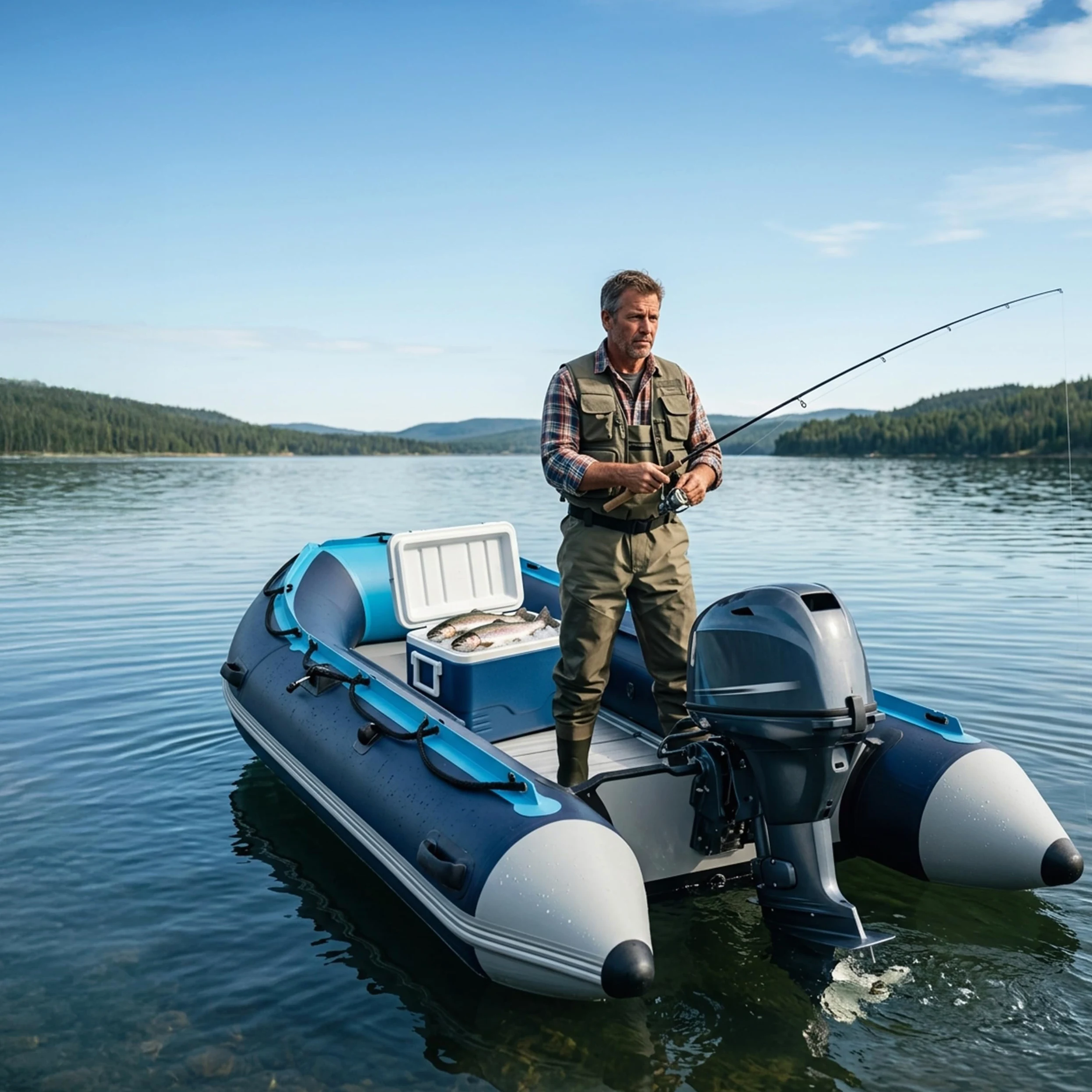 Relaxdays Set Bote Hinchable, 4 Personas, 3,20 m, remos, Bomba & Bolsa, Fondo de Aluminio, para Pesca, Azul y Blanco