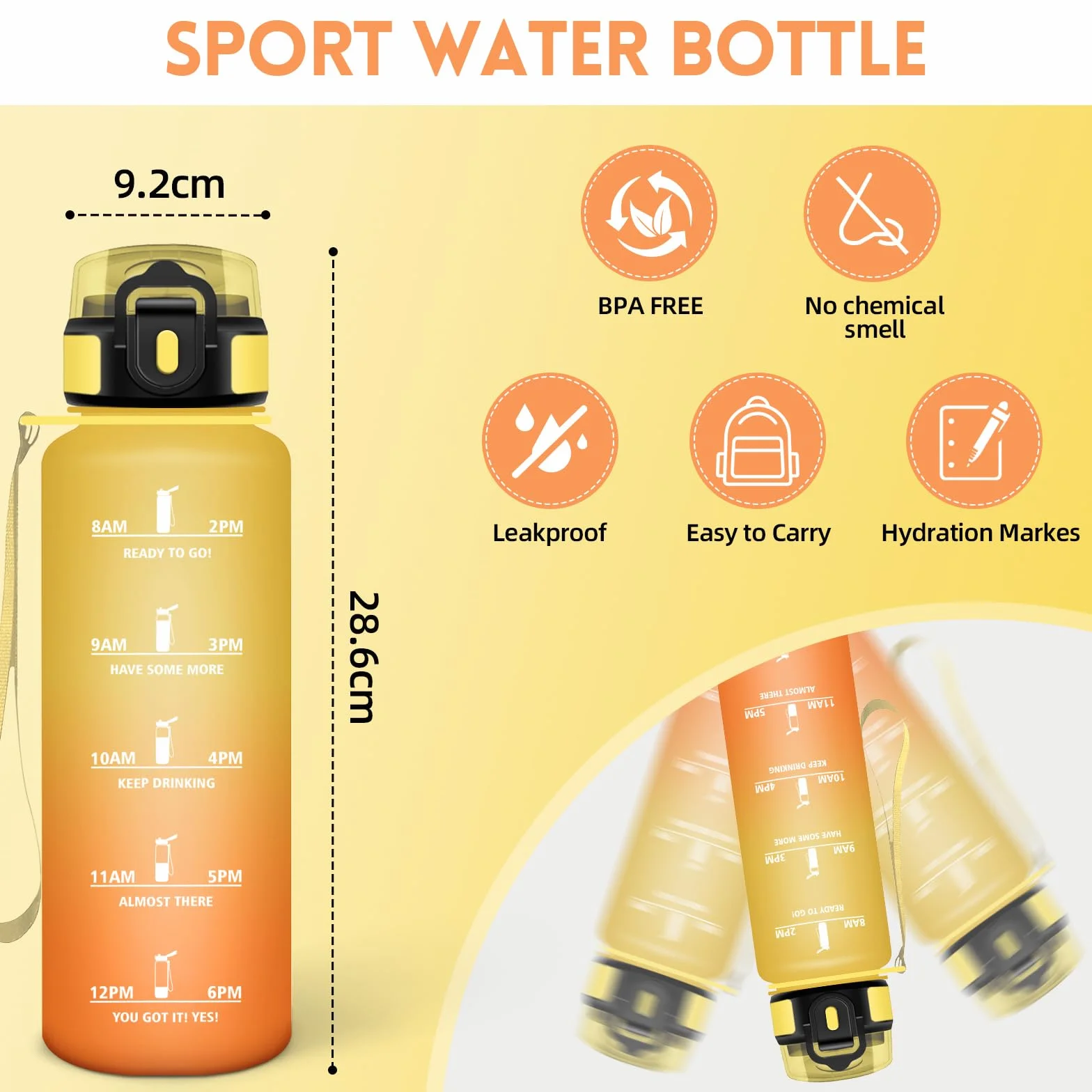 HoneyHolly Botella Agua, 1,5L, Motivacional y A Prueba de Fugas, Cantimplora, Reutilizable, Botella AGimnasio, Marcador de Tiempo, Cantimplora para Gimnasio, Trabajo, Camping, Senderismo