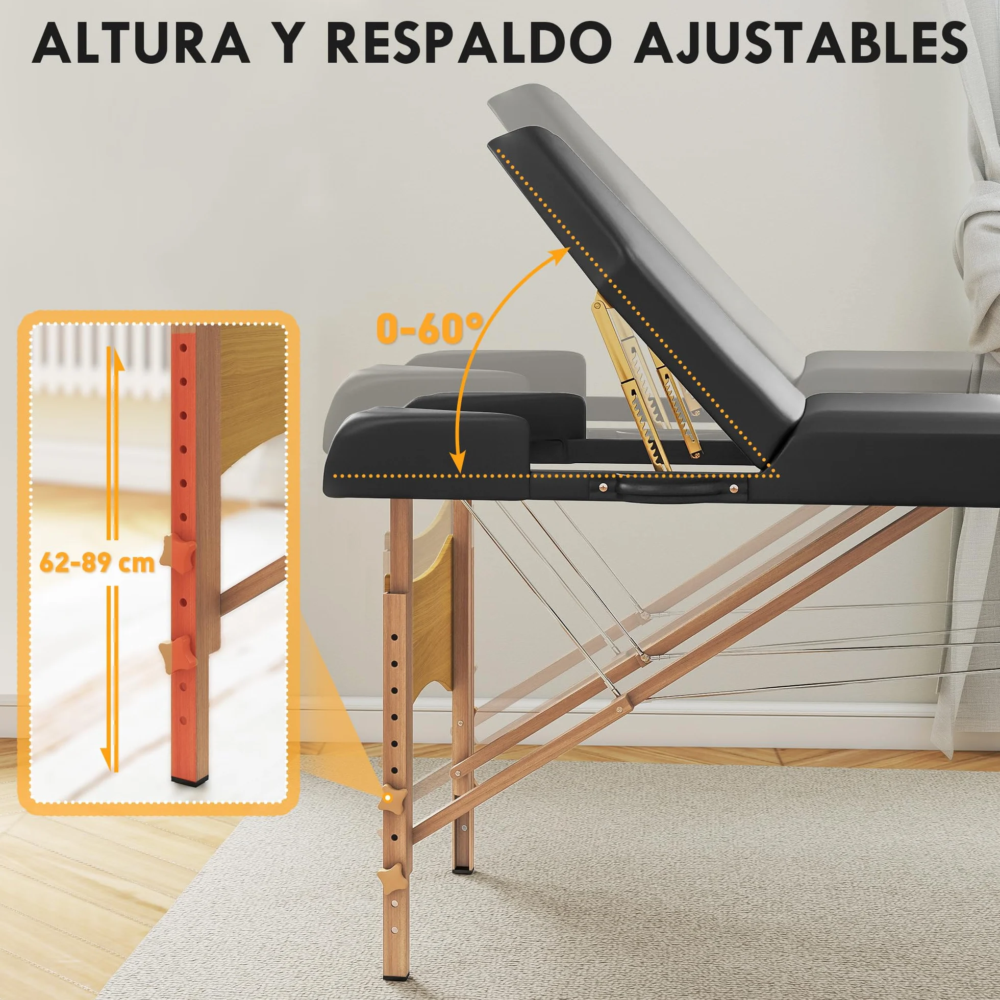 HOMCOM Camilla Masaje Plegable Portátil 3 Zonas Madera Altura Ajustable Reposacabezas Reposabrazos Acolchados SPA Tatuajes 215x60x62-89 cm Negro