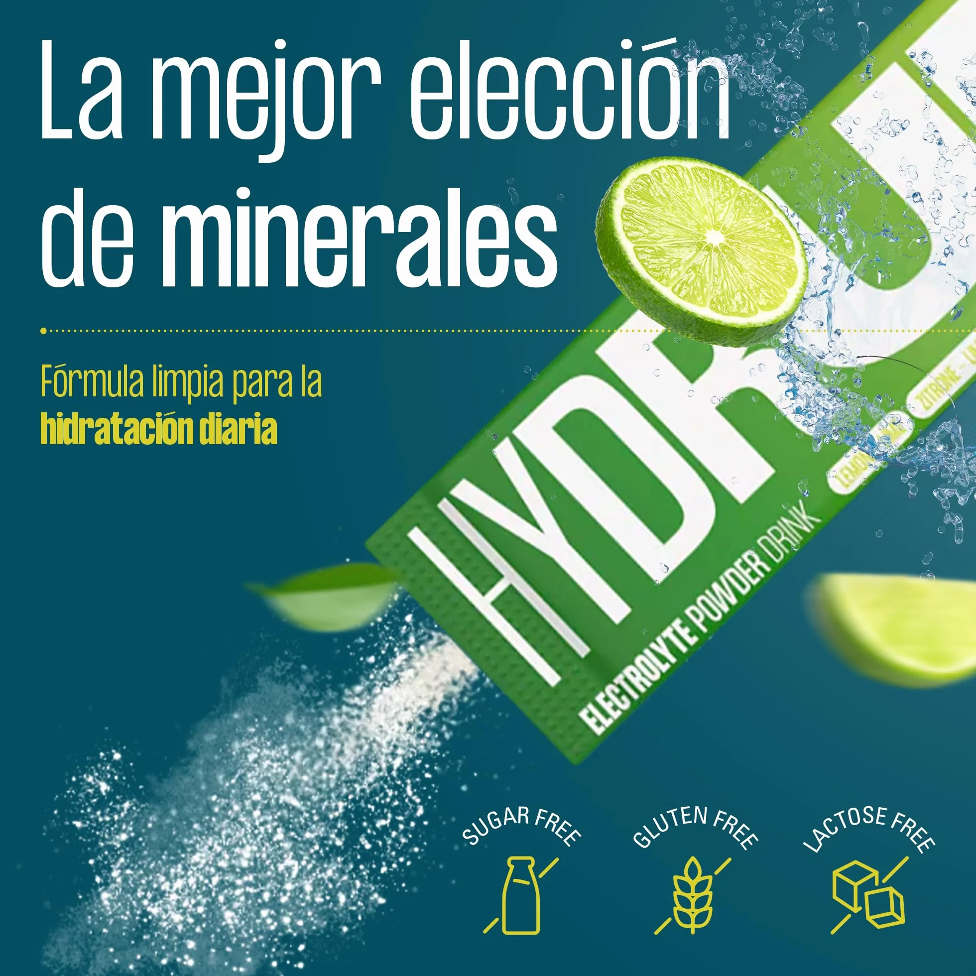 Electrolitos en Polvo 1733 mg - Hidratación Rápida y Energía al Instante, Sales Minerales con Vitaminas B y C, Sabor Lima Limón, 16 Sobres Sin Gluten