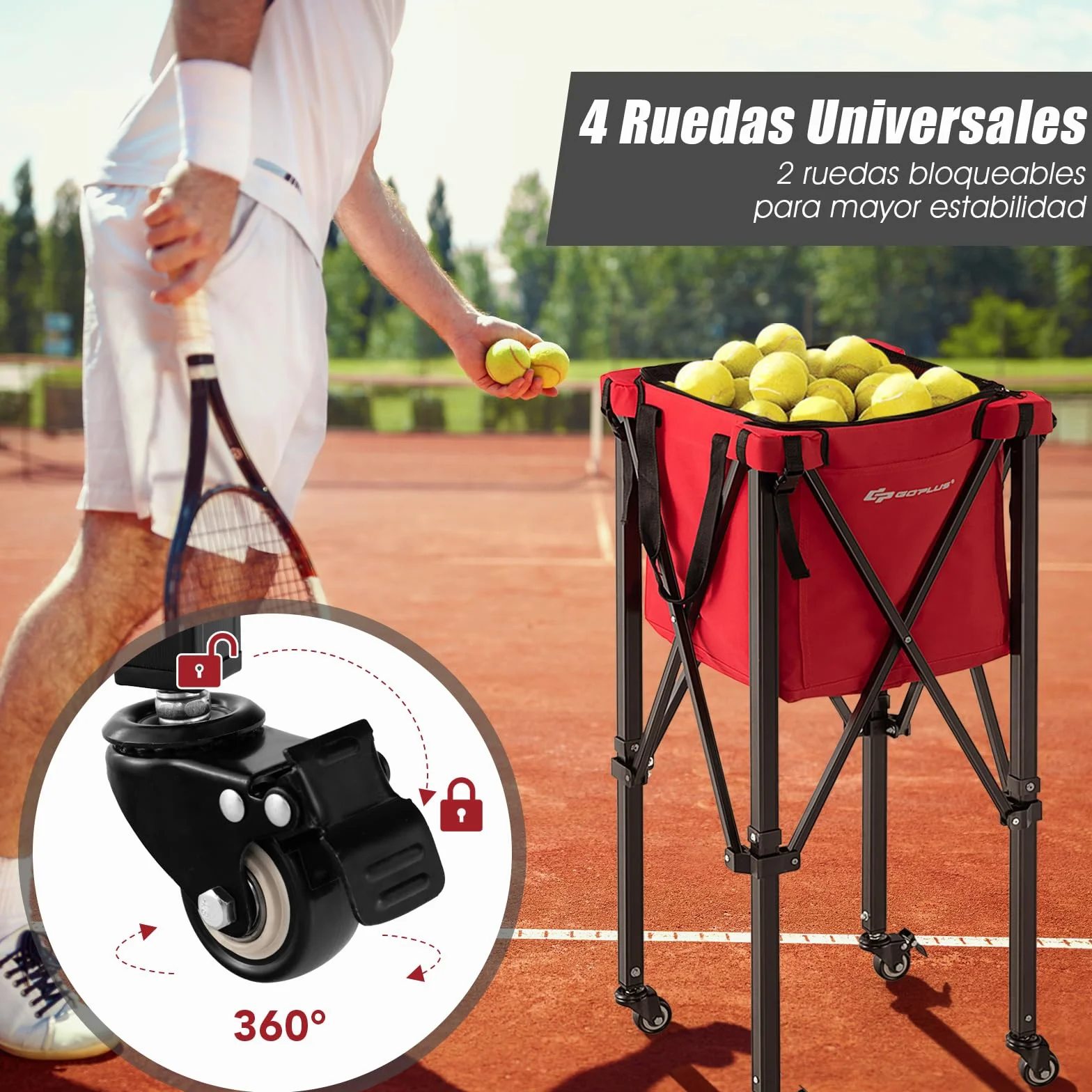 GYMAX Carrito para Pelotas de Tenis, con Marco de Aluminio y Bolsa de Transporte, Carrito de Tenis de hasta 30 kg, Carrito de Transporte para Pelotas de Tenis, Béisbol y Pelotas de Pickball