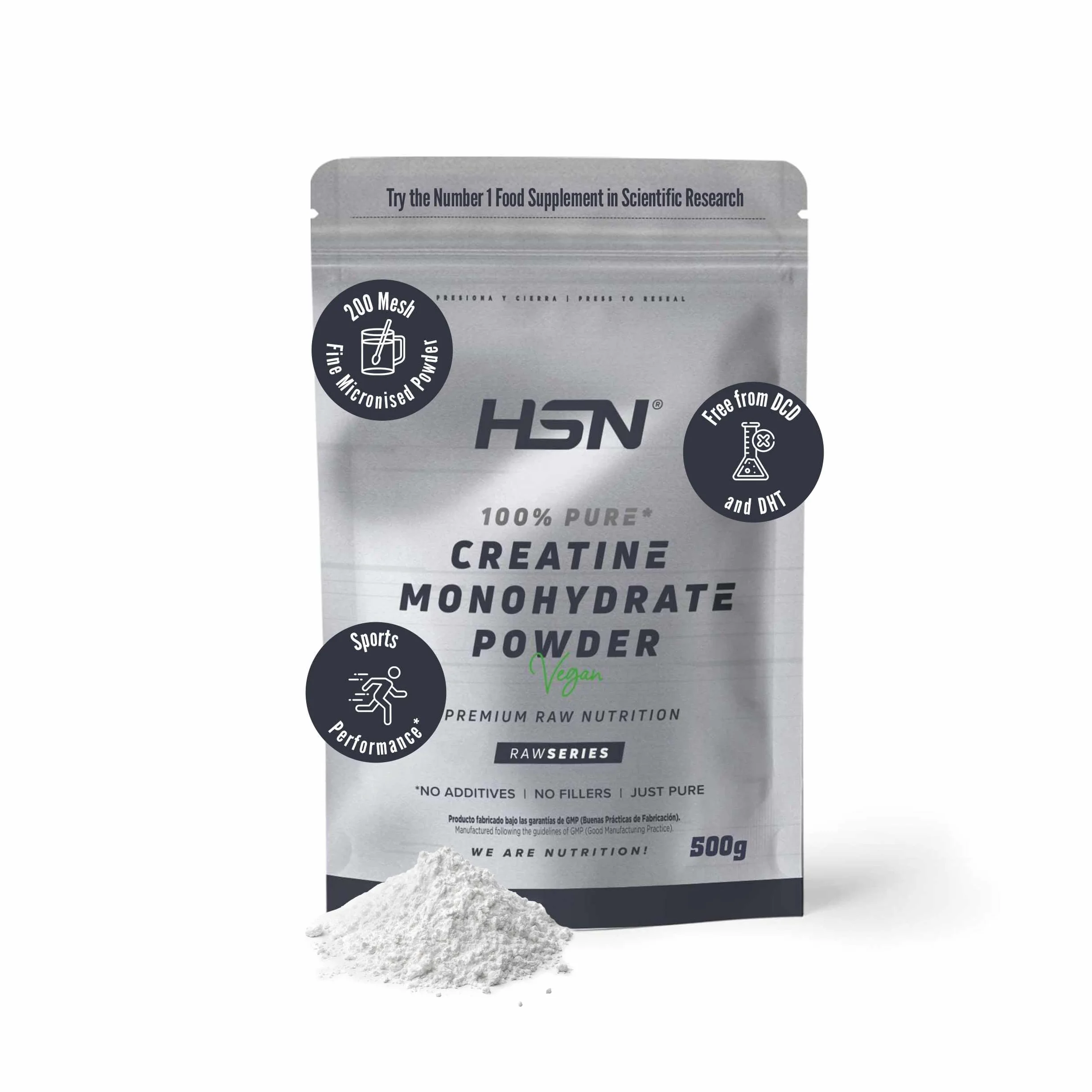 HSN Creatina Monohidrato Micronizada 500g 100% Pura Sin Sabor Vegana Sin Gluten Alta Solubilidad