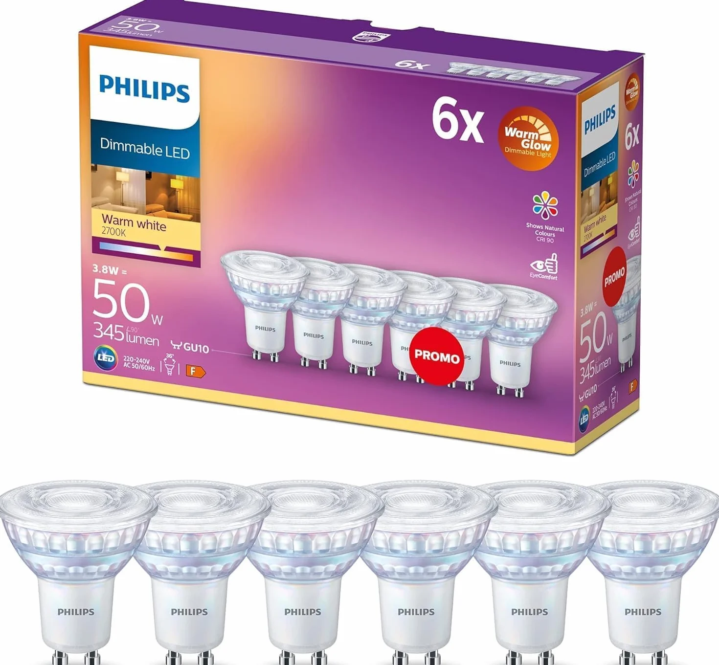 Philips LED GU10 3.8W Equivalente a 50W 345 Lumen Regulable Blanco Cálido 6 Unidad