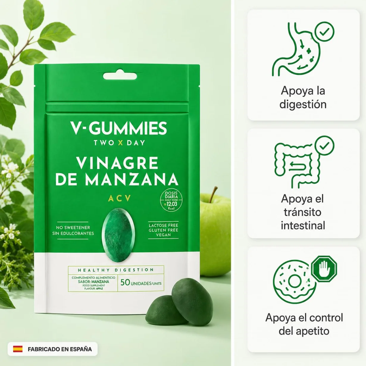 Apple Cider Vinegar Gummies V Gummies - Digestive Health - Natural Apple Flavor with Vitamin C and Pectin - 50 Count