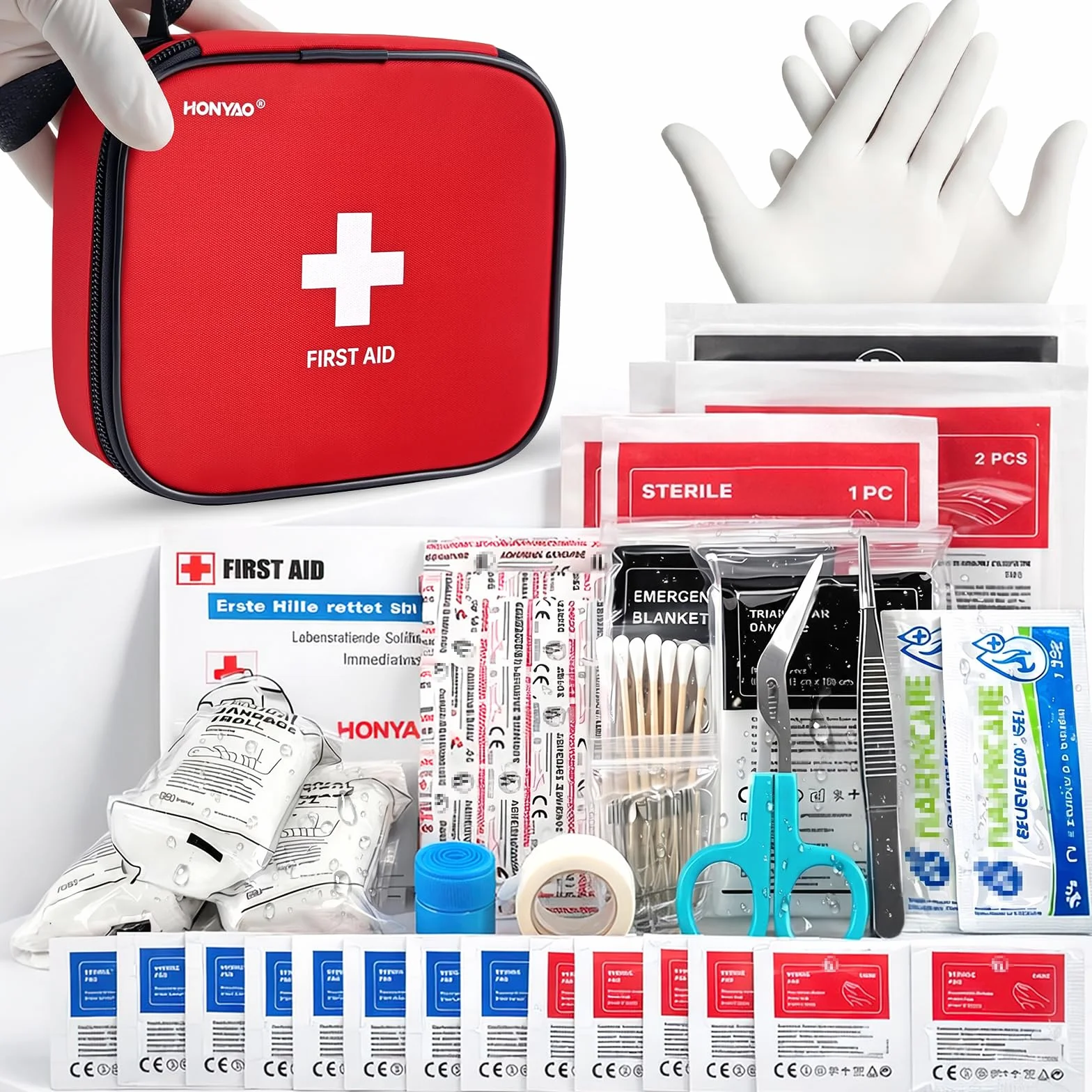HONYAO Botiquin de Primeros Auxilios 125 Piezas, Portátil Kit de Primeros Auxilios para Coche Casa Trabajo