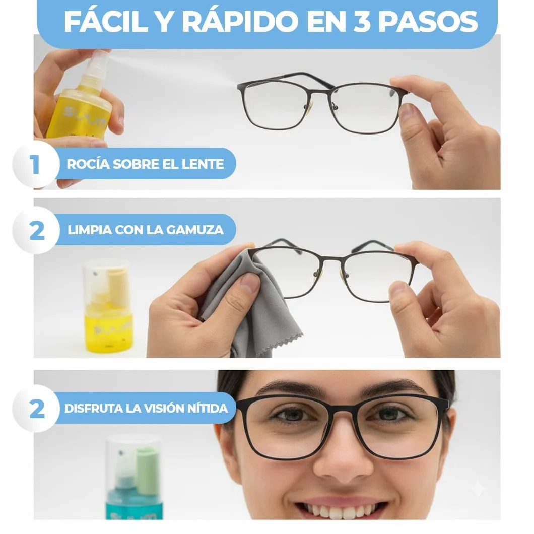 SUUM Pack 3 Spray Limpiador de Gafas con Paño de Microfibra - Limpia Lentes sin Vaho para Cristales y Pantallas (Menta, Limón y Manzana)