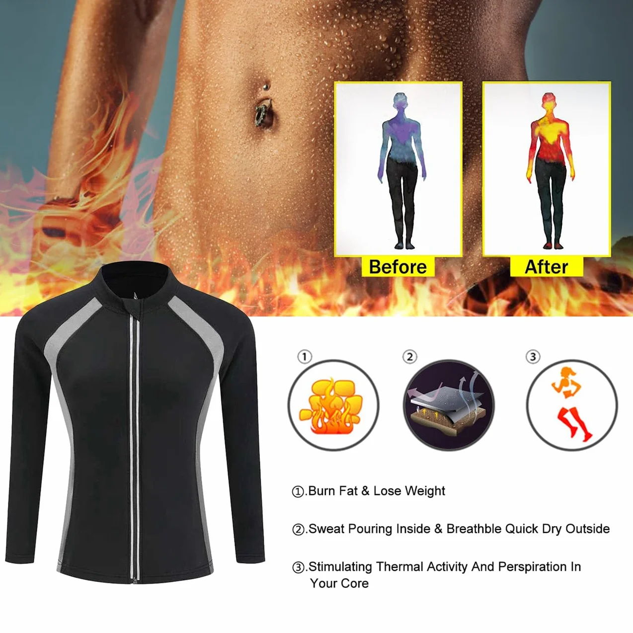 Sauna Neopreno Chaqueta Top Suit Trajes Adelgazantes Compresion Sudoración Deporte Shapewear Gym Correr Fitness Mujer Sudaderas Manga Larga