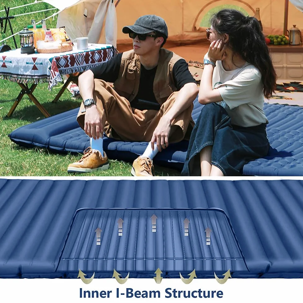 Cama de camping doble autoinflable para adultos con bomba de pie integrada y almohadas, cama de camping portátil autoinflable para mochileros y senderismo