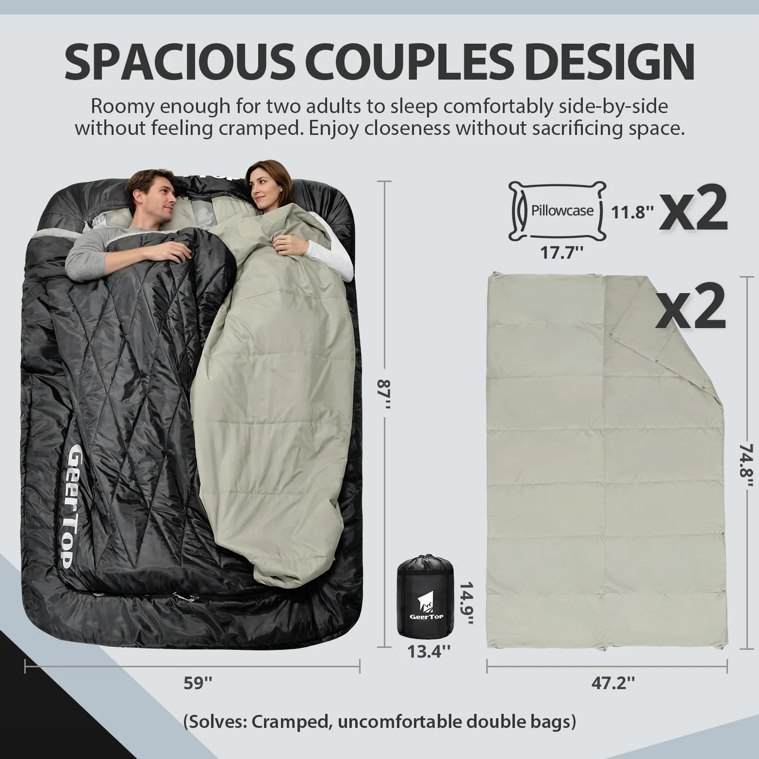 GEERTOP Saco de dormir doble para 2 personas, doble saco de dormir para adultos, para camping, mochilero, senderismo, con dos fundas de almohada y edredones