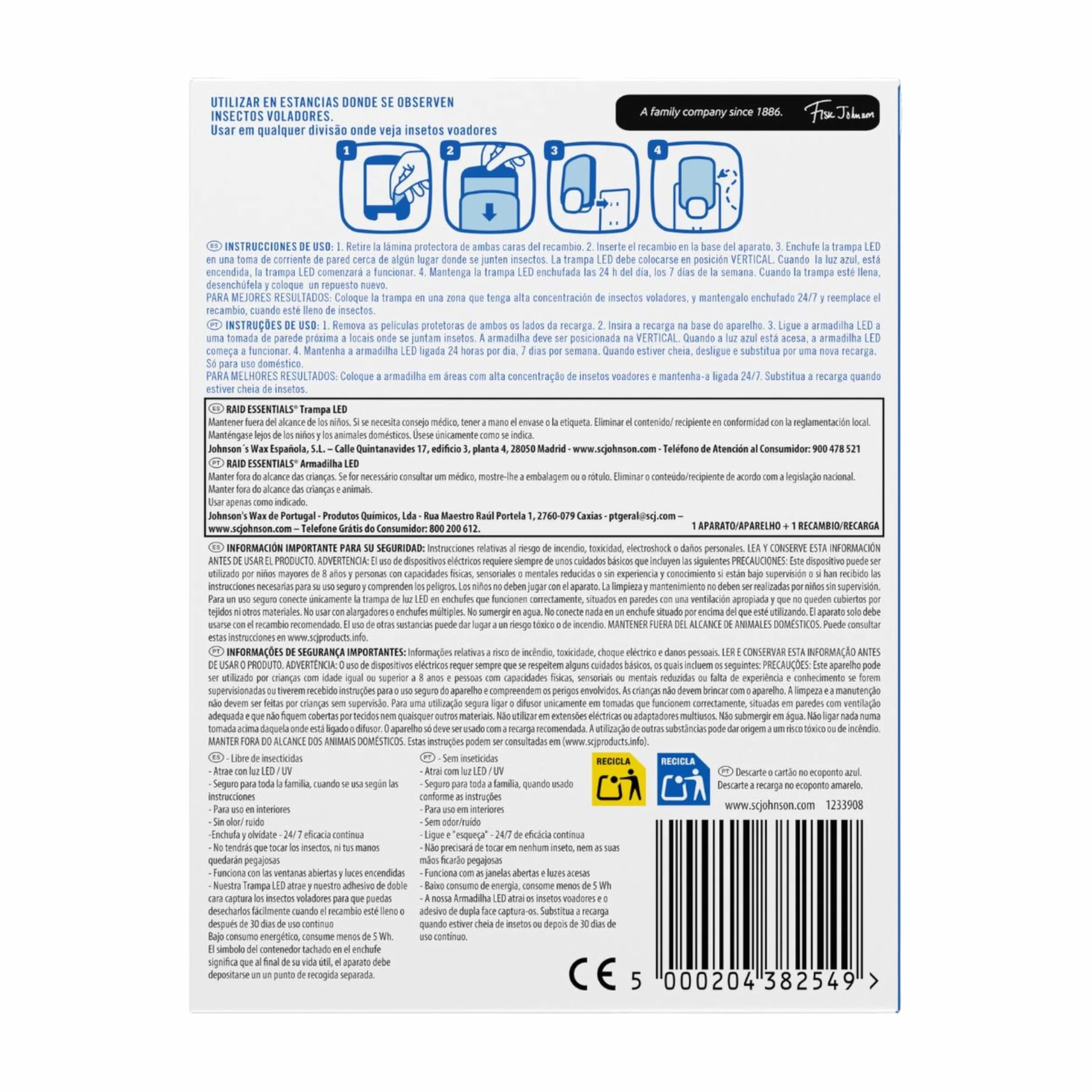 Raid Essentials Trampa LED Antimoscas, Antimoscas de Fruta y Antipolillas, Sin Insecticida, Seguro, Inodoro, 1 Aparato y 1 Recambio