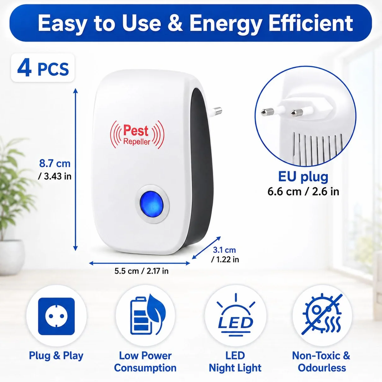 Repelente Ultrasónico de Plagas, Anti Mosquitos Eléctrico para Moscas, Cucarachas, Arañas, Ratones y Hormigas