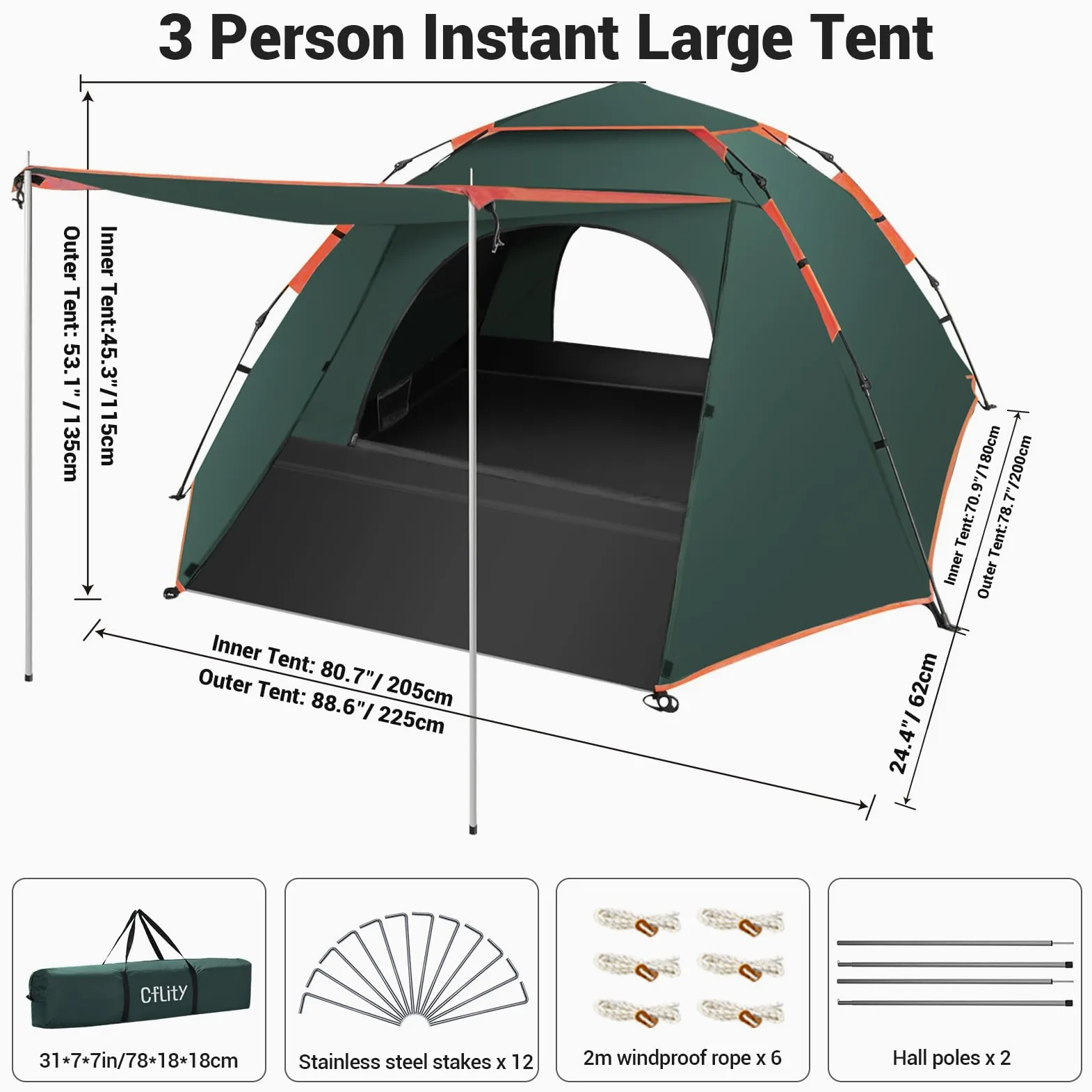 Cflity Tienda de Campaña, Tienda Pop Up para 3 Personas, Tres Capas Automáticas Instantáneas Impermeable Carpa con Expansión Alfombras Pequeñas 2 Poste de Carpa