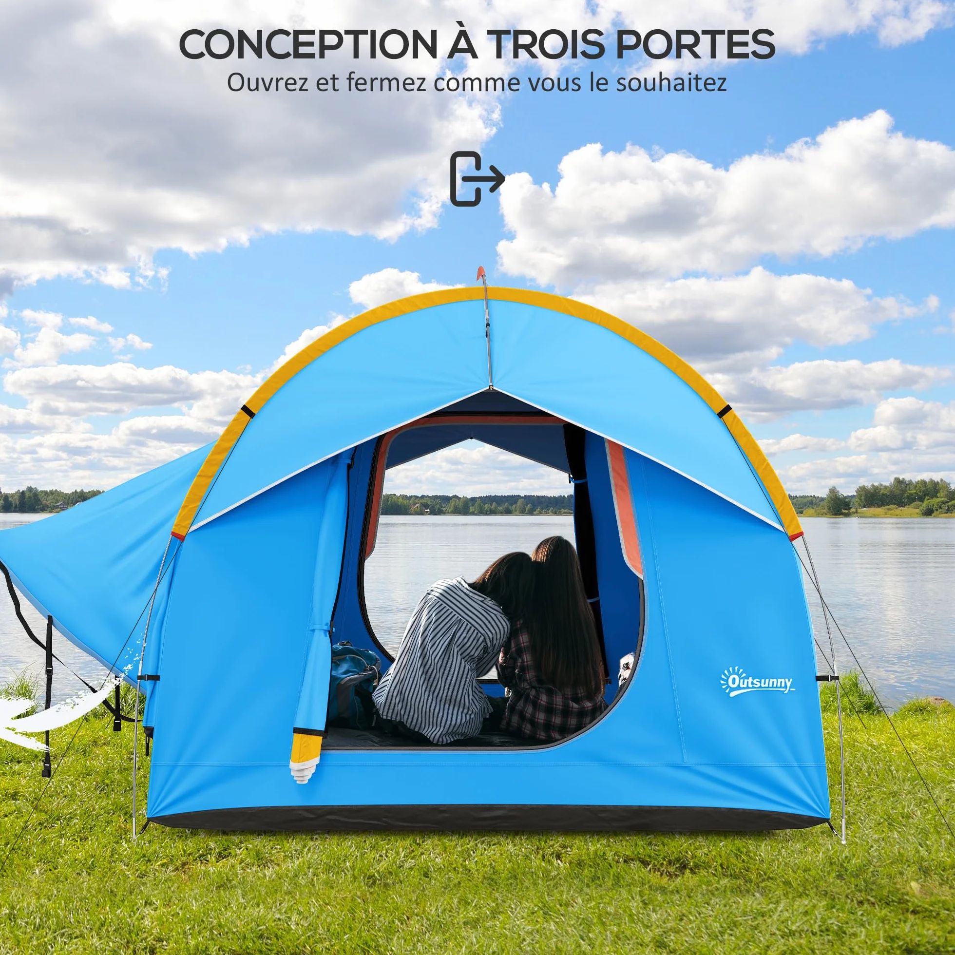 Outsunny 5-6 Personas Familia Hatchback Coche Tienda de campaña SUV con 3 Puertas y Ventana de Malla, para Trekking, Camping y Senderismo, Azul y Naranja