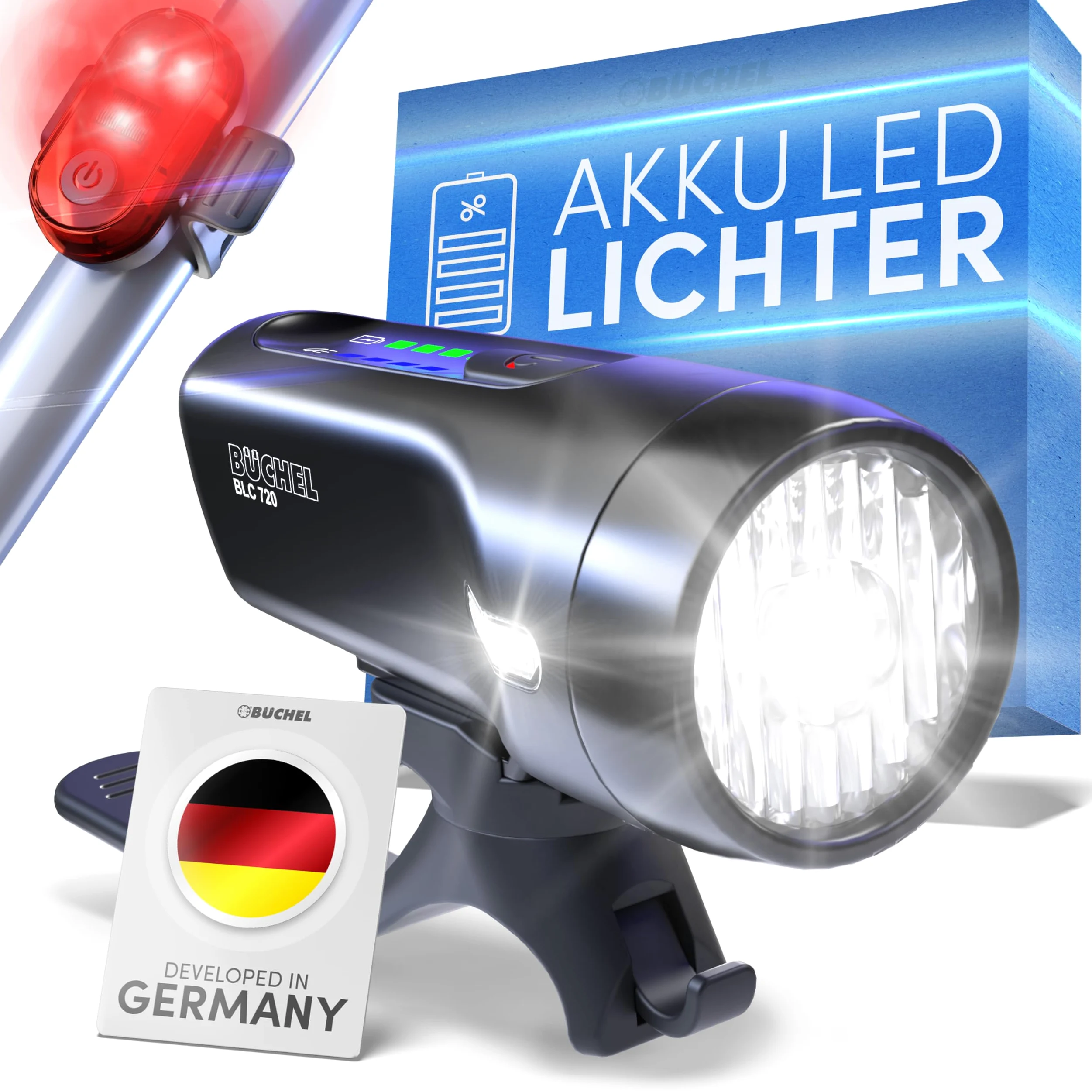 Büchel BLC 720 - Juego de Luces para Bicicleta (70/30/15 Lux, homologadas por StVZO, hasta 14 Horas de autonomía, luz LED Recargable para Bicicleta Delantera y Trasera, Micro USB)