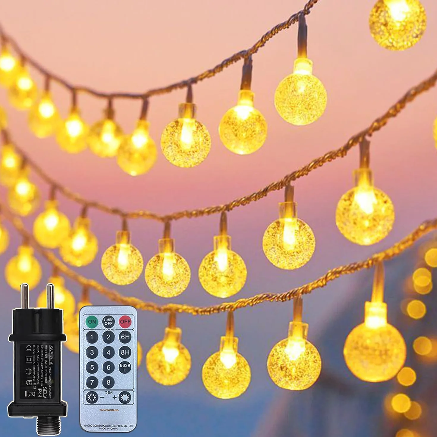 Taiyongkang Guirnalda Luces LED 15m 100 Bolas de Cristal IP44 8 Modos Exterior Navidad