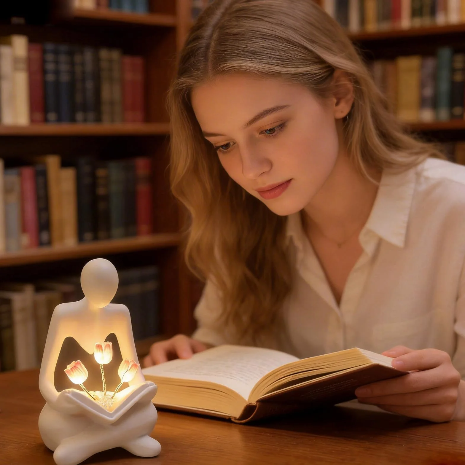 Lámpara de libros tulipanes con LED, luz nocturna abstracta, estantería estética para amantes de los libros