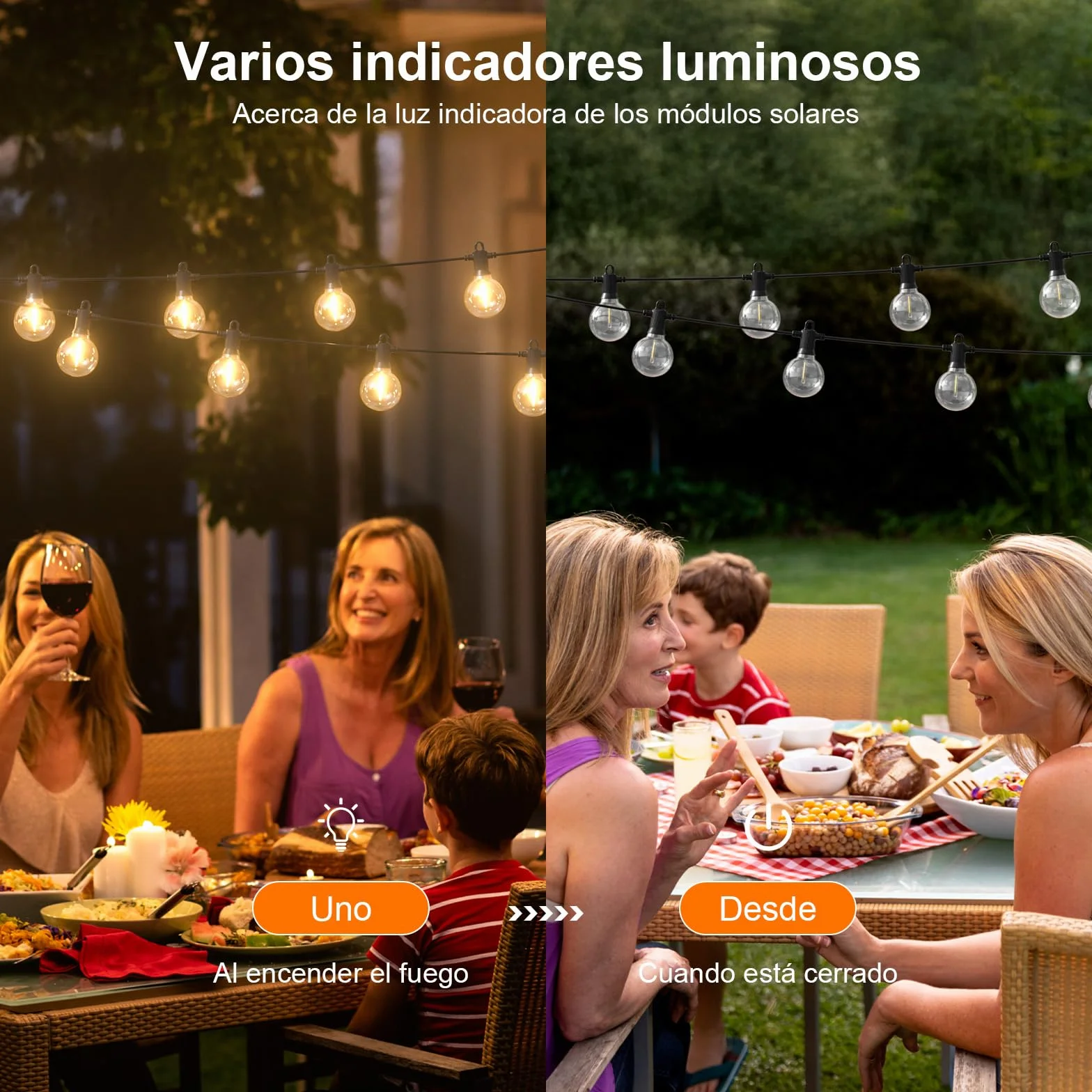 Kawaya Guirnaldas Luces Exterior Solar 10M Cadena LED USB Recargable 15+1 Bombillas G40 Blanca Cálida