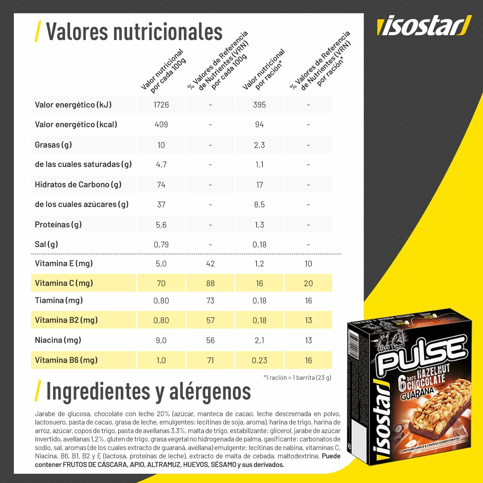 Isostar Pulse Barritas Avellana Chocolate Energéticas 6x23g