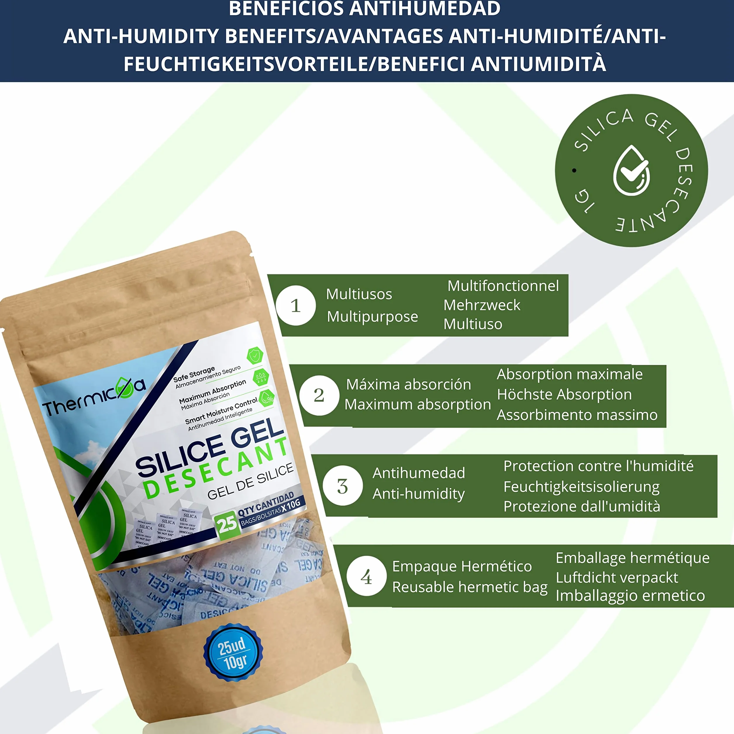 Thermikoa® Bolsas de Gel de Sílice Antihumedad 25uds x 10gr Desecante Multiusos