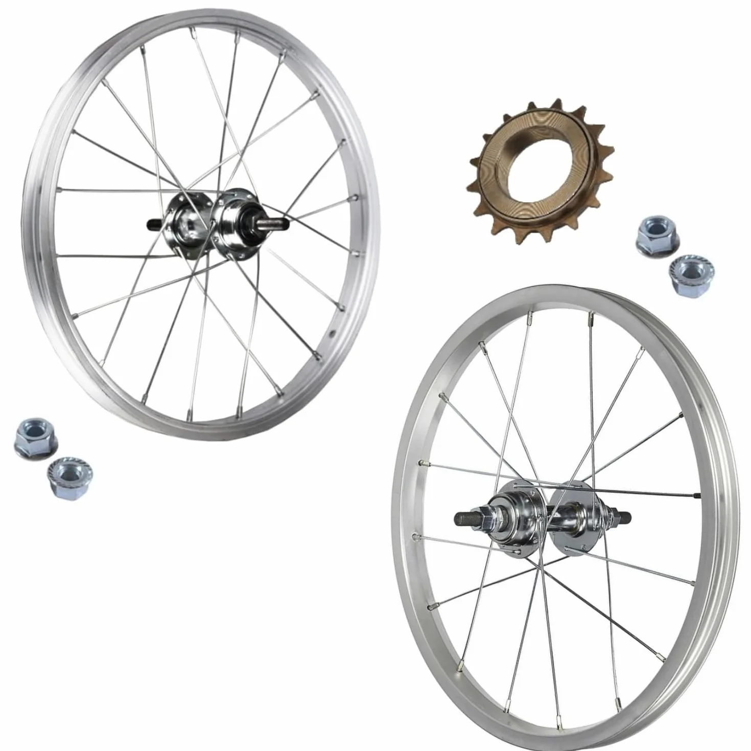 Rueda/llanta delantera + trasera 16" x 1,75 para bicicleta de 16 pulgadas Bimbo Graziella + piñón 16 dientes 1 velocidad