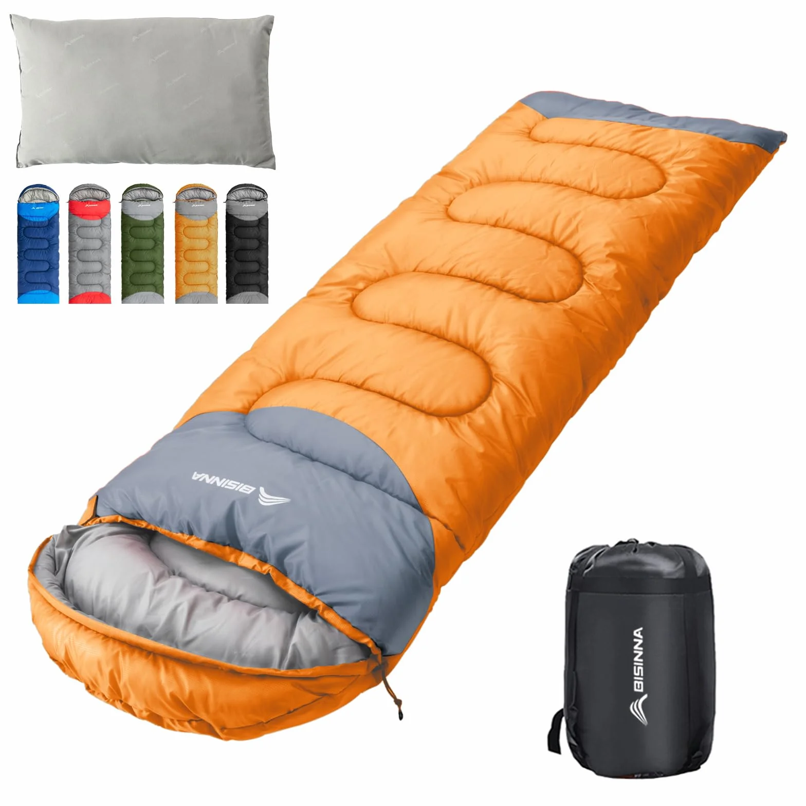 BISINNA Saco de Dormir con Almohada - 4 Estaciones, Ligero, Impermeable, cálido, Saco de Dormir con un Saco de compresión para Adultos, Camping