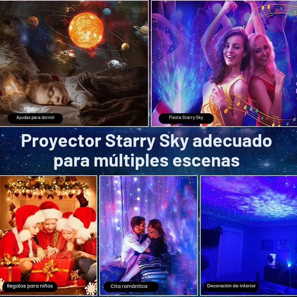 Proyector de Cielo Estrellado con 12 Discos Planetarios, Rotación 360°, Control Remoto