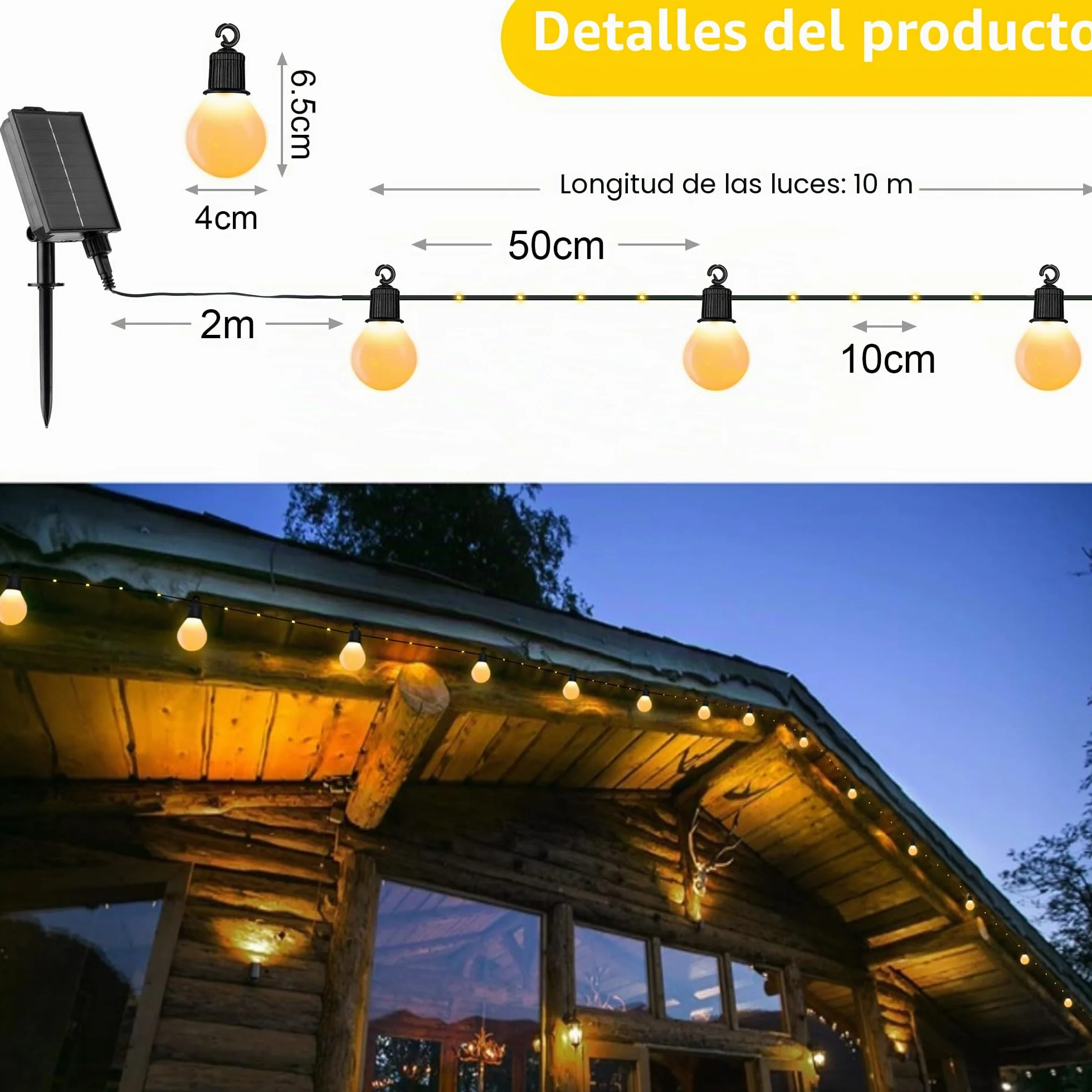 Tacobey Guirnaldas de Luces Exterior Solar 10M 100 LED IP65 Impermeable Blanco Cálido