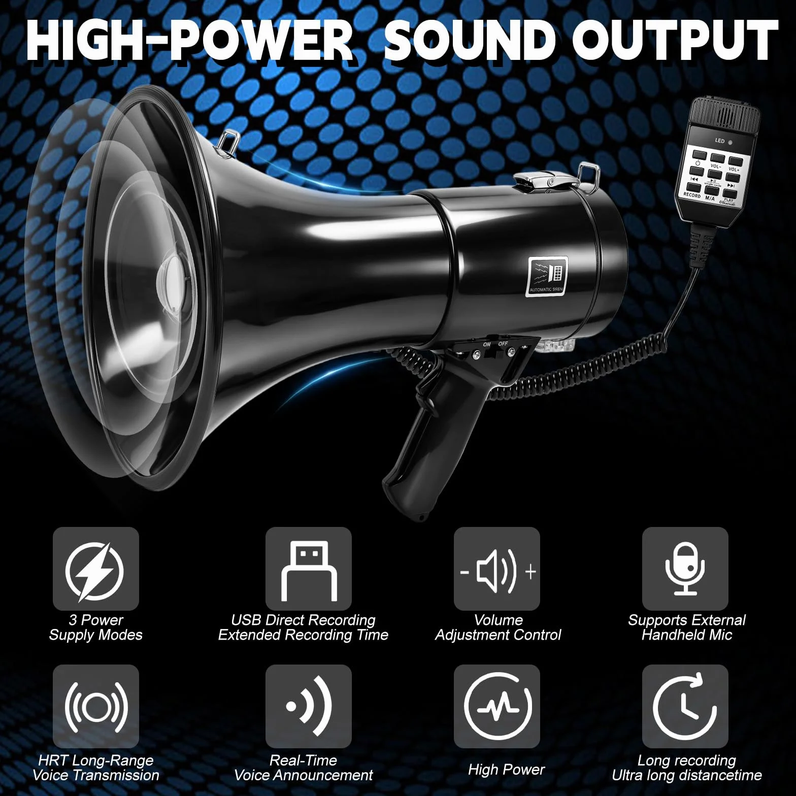 WingFly Megáfono 150W Bluetooth Grabación Alcance 2000m Altavoz Sirena Micrófono Externo USB
