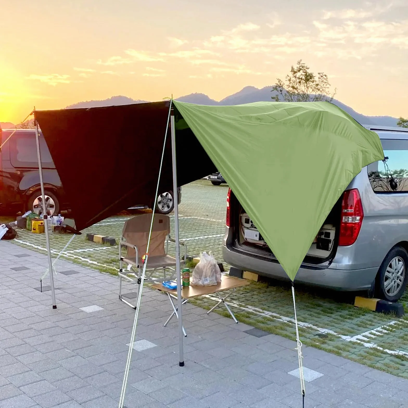 Toldo para Coche, Universal Toldo para Portón Trasero de Coche 380x280cm, Impermeable Toldo Parasol Coche para Auto, SUV, Camping (Verde)