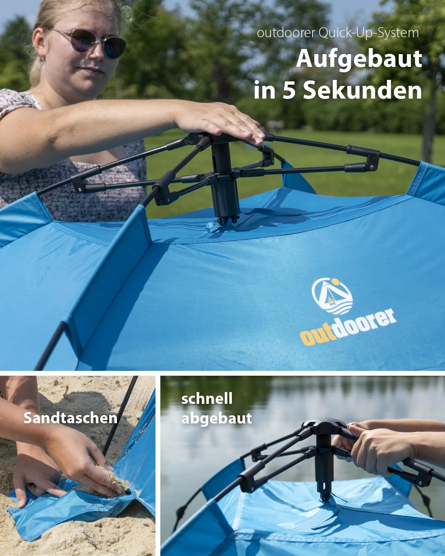 outdoorer Sun Snapper Air - Refugio de playa con 4 puertas y 3 ventanas, montaje rápido, protección UV 80, protección visual y protección contra insectos