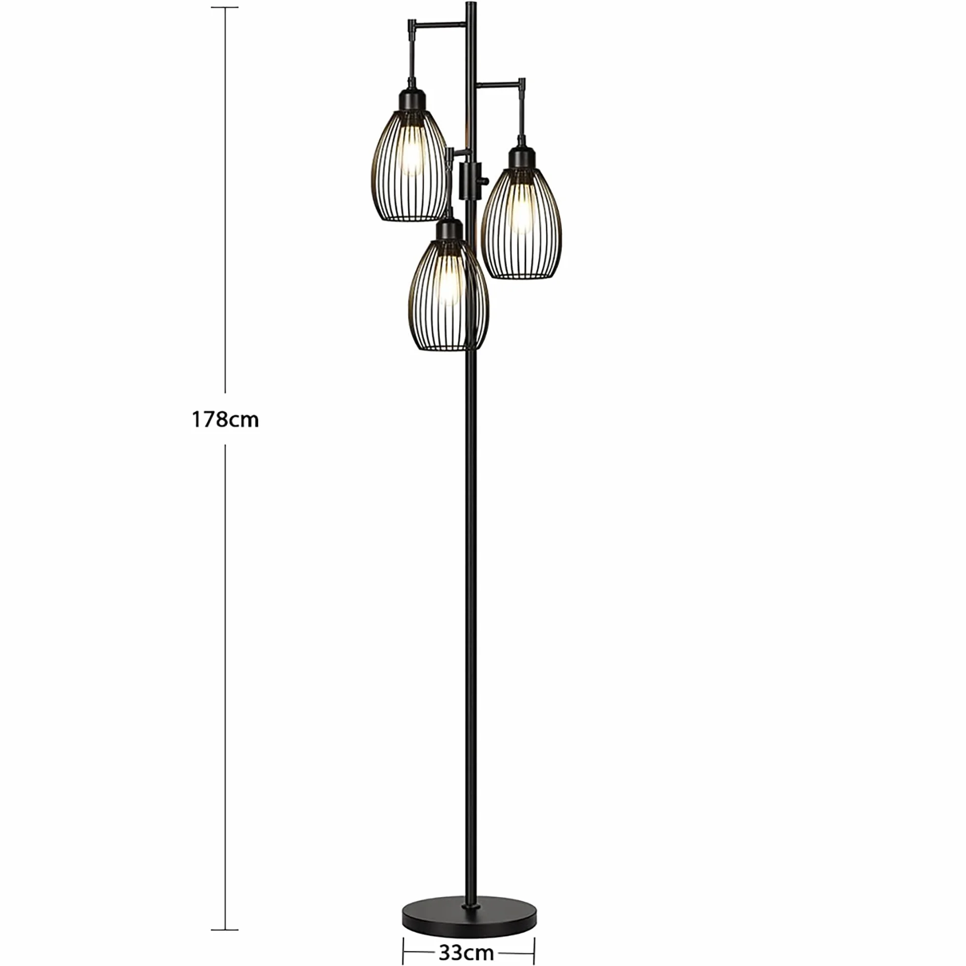 Lámpara de pie regulable Nintiue, 3 bombillas LED 800 lm, jaula lágrima, industrial granja, salón dormitorio oficina