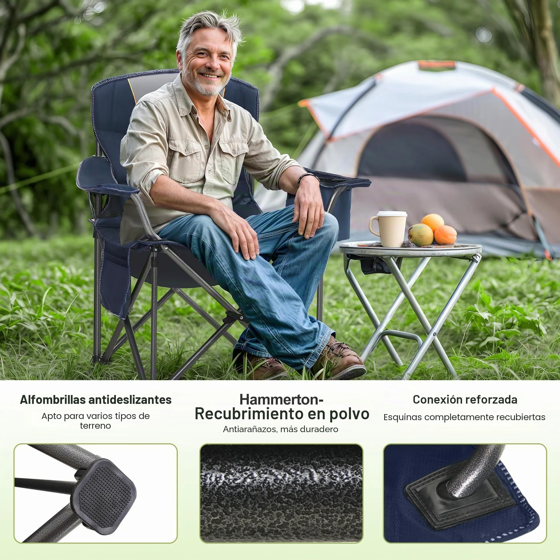 LET'S CAMP Silla de camping plegable de gran tamaño, hasta 200 kg | Con soporte para bebidas, bolsa isotérmica, silla plegable de exterior de Oxford 600D