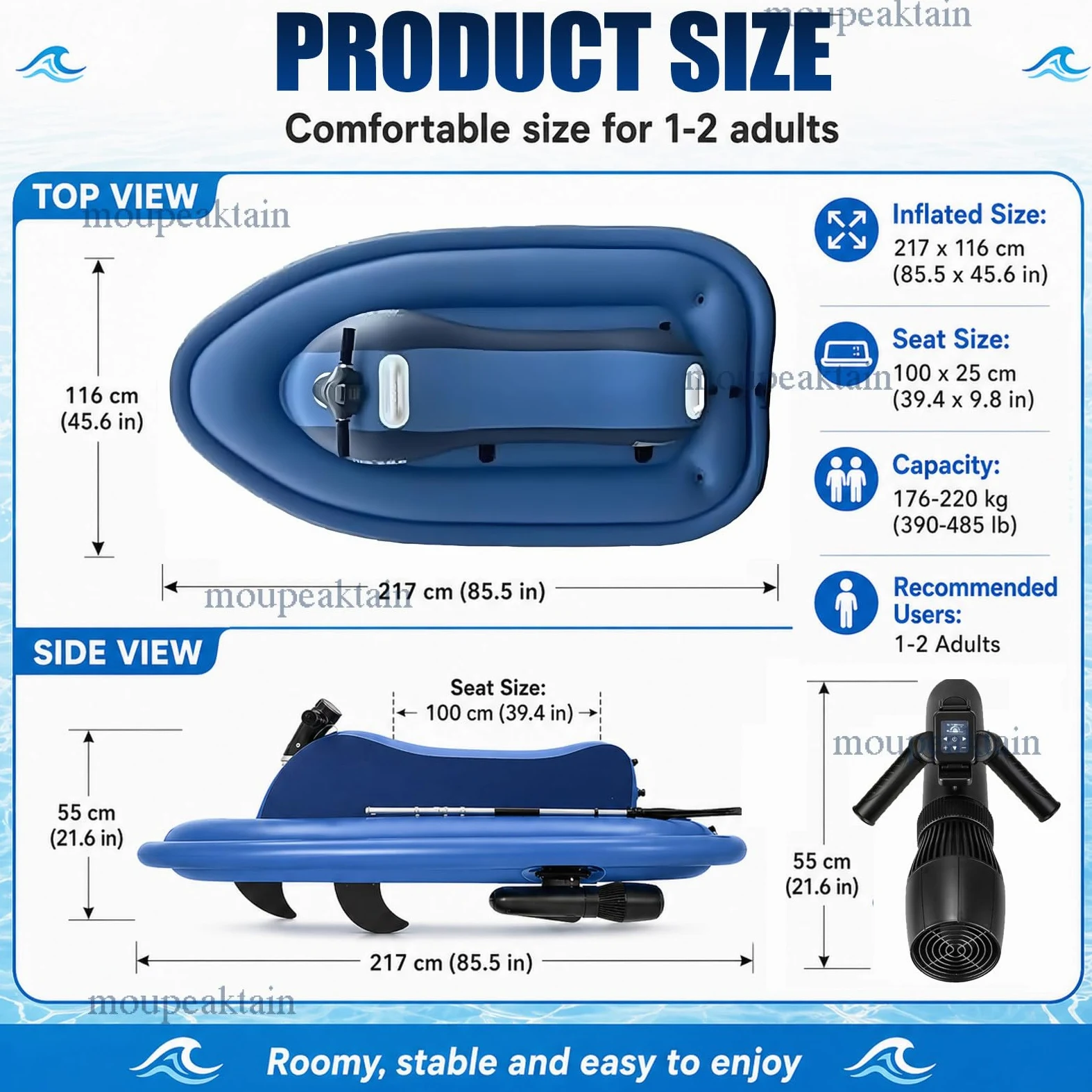 Barca Hinchable 2 Personas con Motor, Jet Ski & Scooter Submarino 500W/700W con Marcha Atrás, Velocidad 3–9 km/h, Motos Electricas Adultos, Ideal para Lago, Mar y Snorkel 16A
