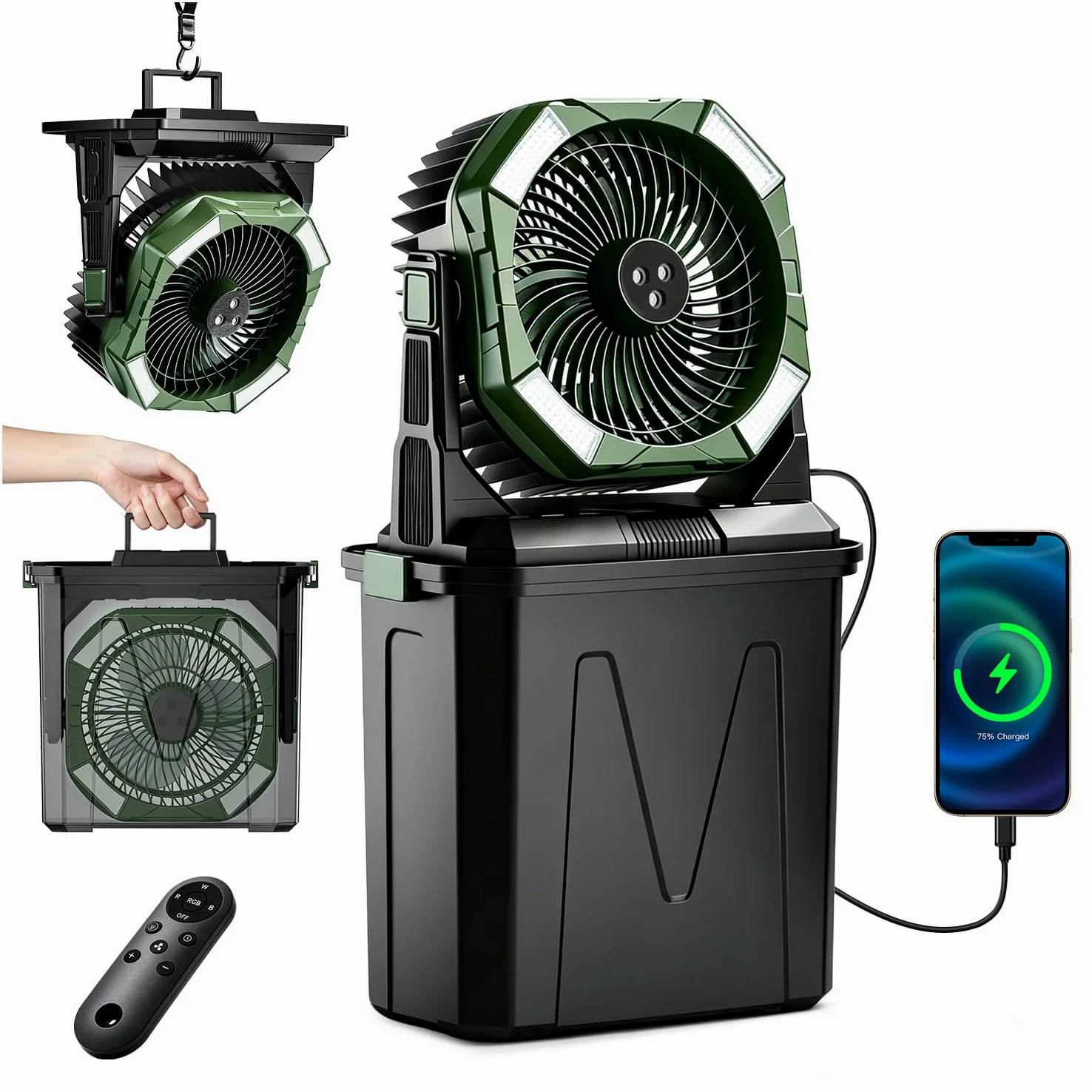 yAyusi 10L Ventilador Nebulizador Portátil Grande para Exteriore con Luz RGB, 3-en-1 20000mAh Ventilador Recargable con Control Remoto y Temporizador,4 Velocidade Modo Pulverización para Patio (Verde)