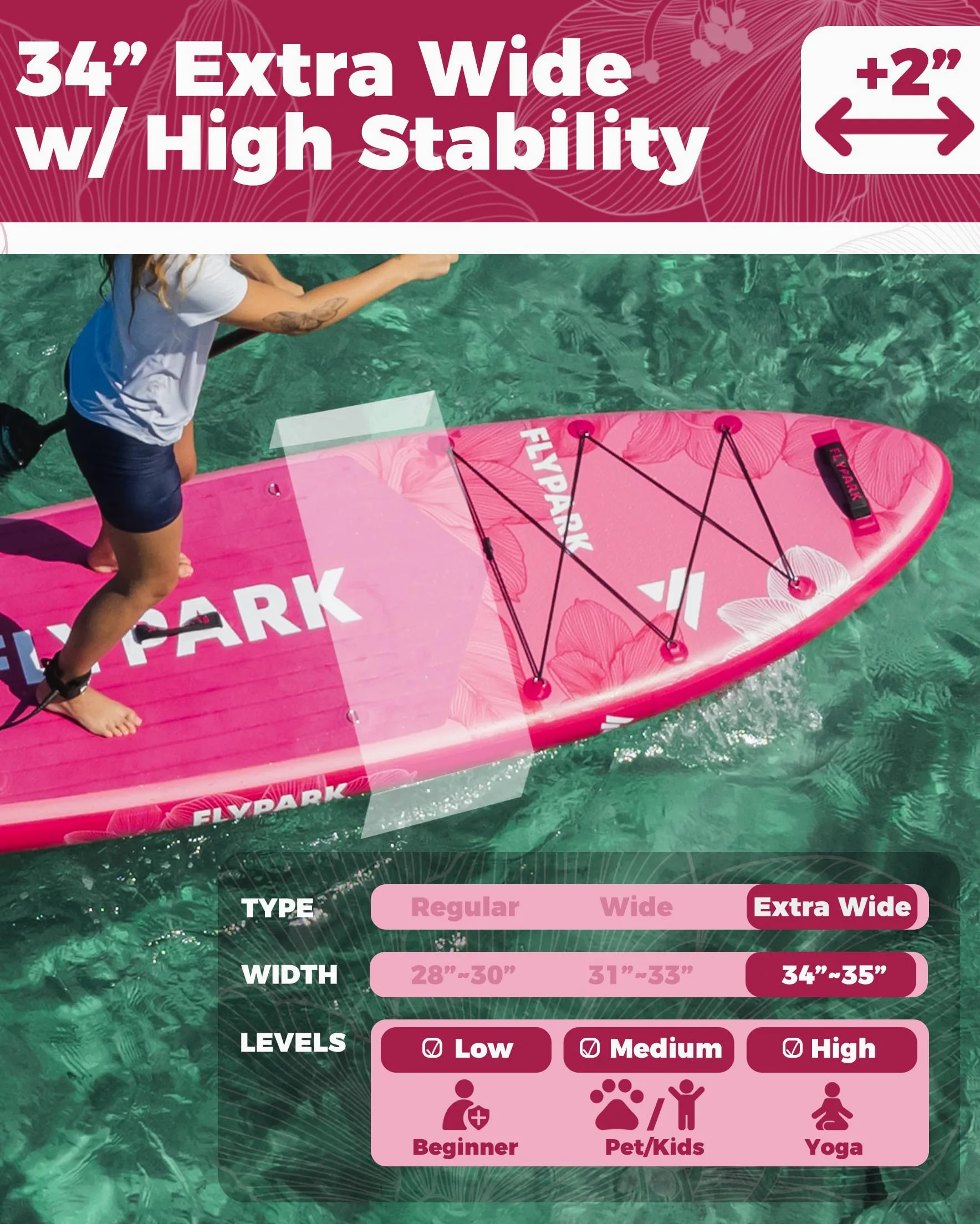 Flypark - Tabla de Remo Inflable Estable de Pesca y Familia, de 10 pies 8/11 x 35 Pulgadas, Tabla de Remo Inflable Extra Ancha, rodamiento de 430 Libras, Tabla de Remo de pie, Soporte para cámara,