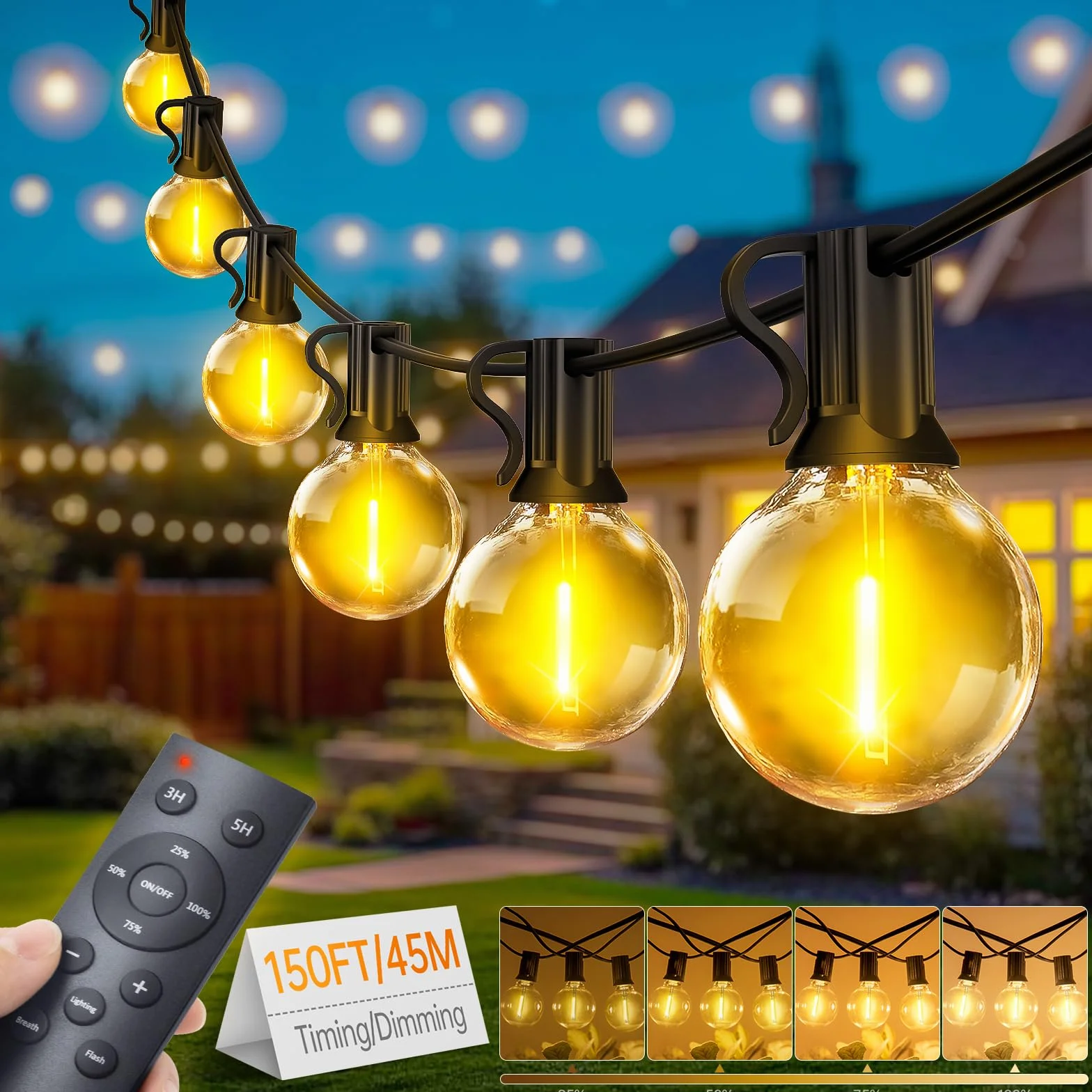 Guirnaldas Luces Exterior G40 45+2 Bombillas LED Blanco Cálido Dimmable Impermeable IP44 para Jardín Terraza