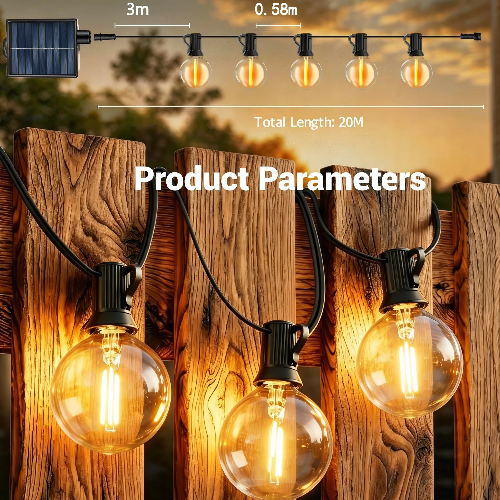 Guirnalda Luces Exterior Solar 30+2 LED IP44 2700K Blanco Cálido para Jardín Patio