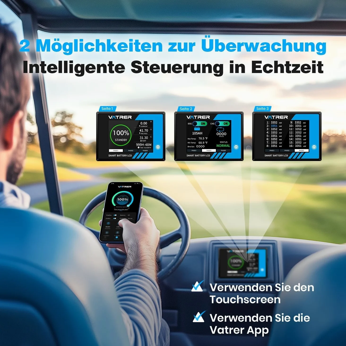 VATRER POWER Batterie LiFePO4 51,2V 105Ah Voiturette Golf, Écran Tactile | App Bluetooth · BMS inteligente de 200 A ·Compatible con Club Car, EZGO, Yamaha, Garia, Melex e Italcar