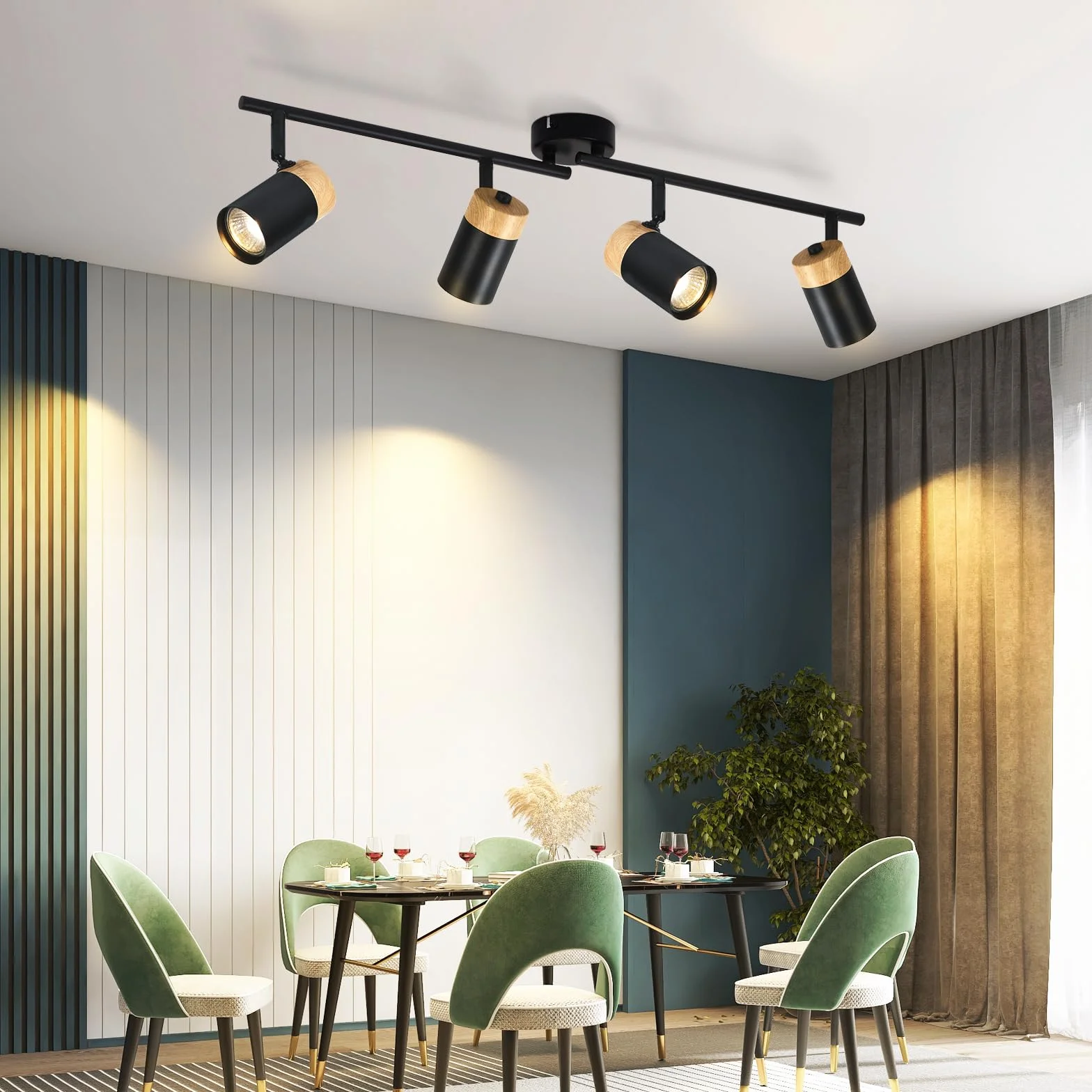 Plafón de madera negro LED orientable 330° 4 brazos GU10 para salón cocina habitación infantil