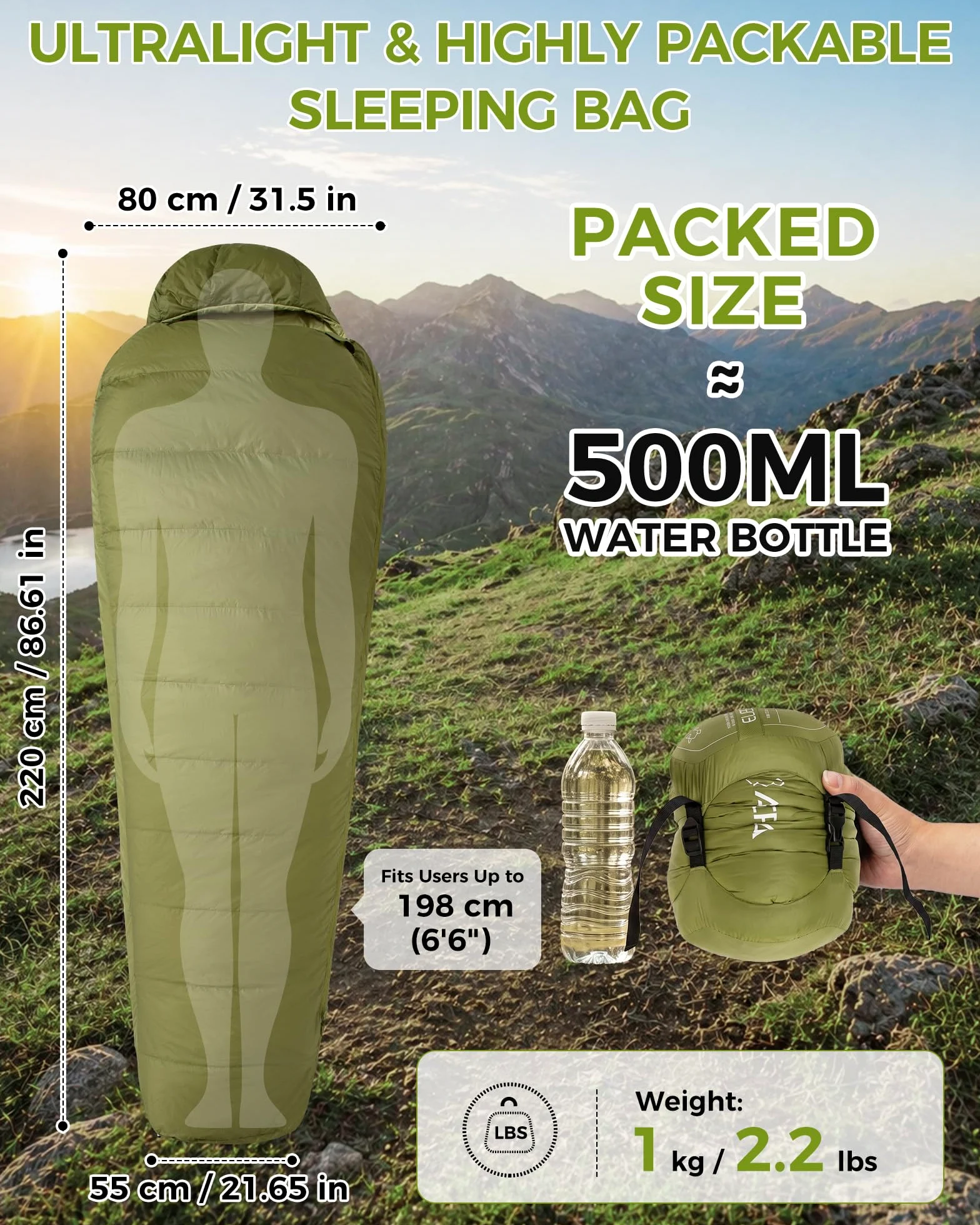 ATEPA Saco de Dormir de Momia, Saco de Dormir para Exteriores, Impermeable, Saco de Dormir para 4 Estaciones, Ideal para Adultos en Camping, Viajes y Aventuras
