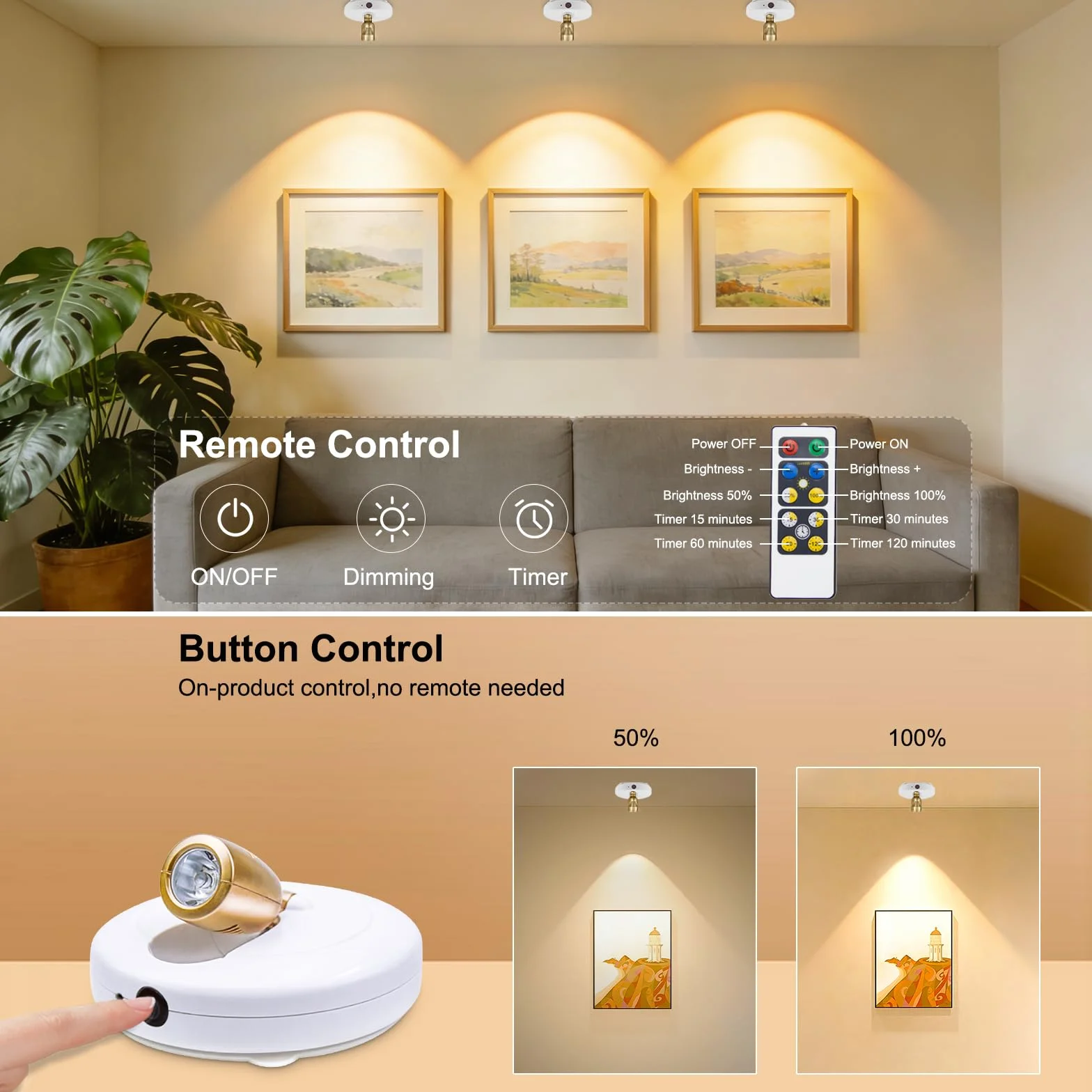 HONWELL Focos LED de Techo Inalámbricos con Control Remoto 3000K 180° Giratorio 2 Piezas Dorado