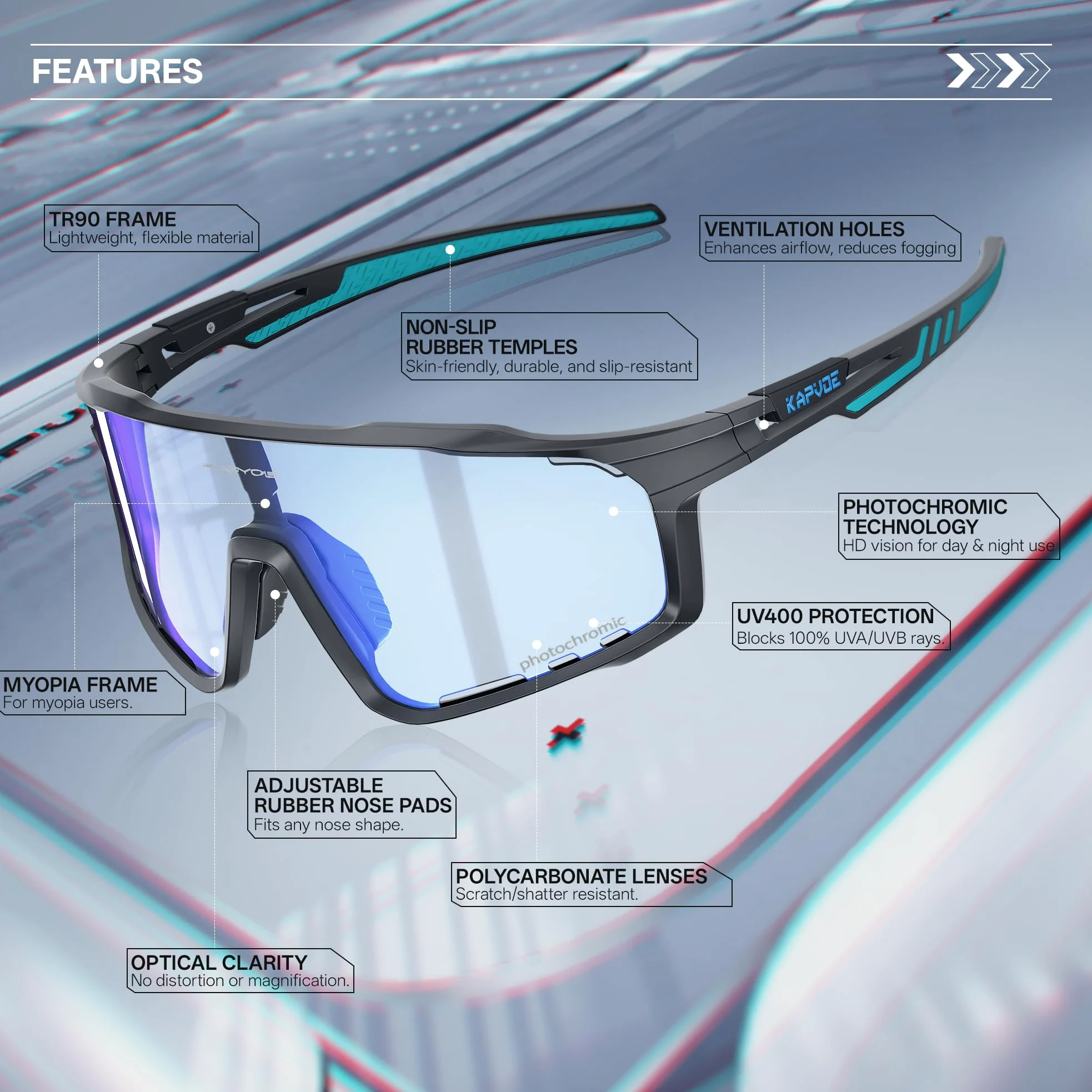 KAPVOE Gafas de Ciclismo Hombre Mujer K76 | Montura TR90, almohadilla nasal ajustable para ciclismo.