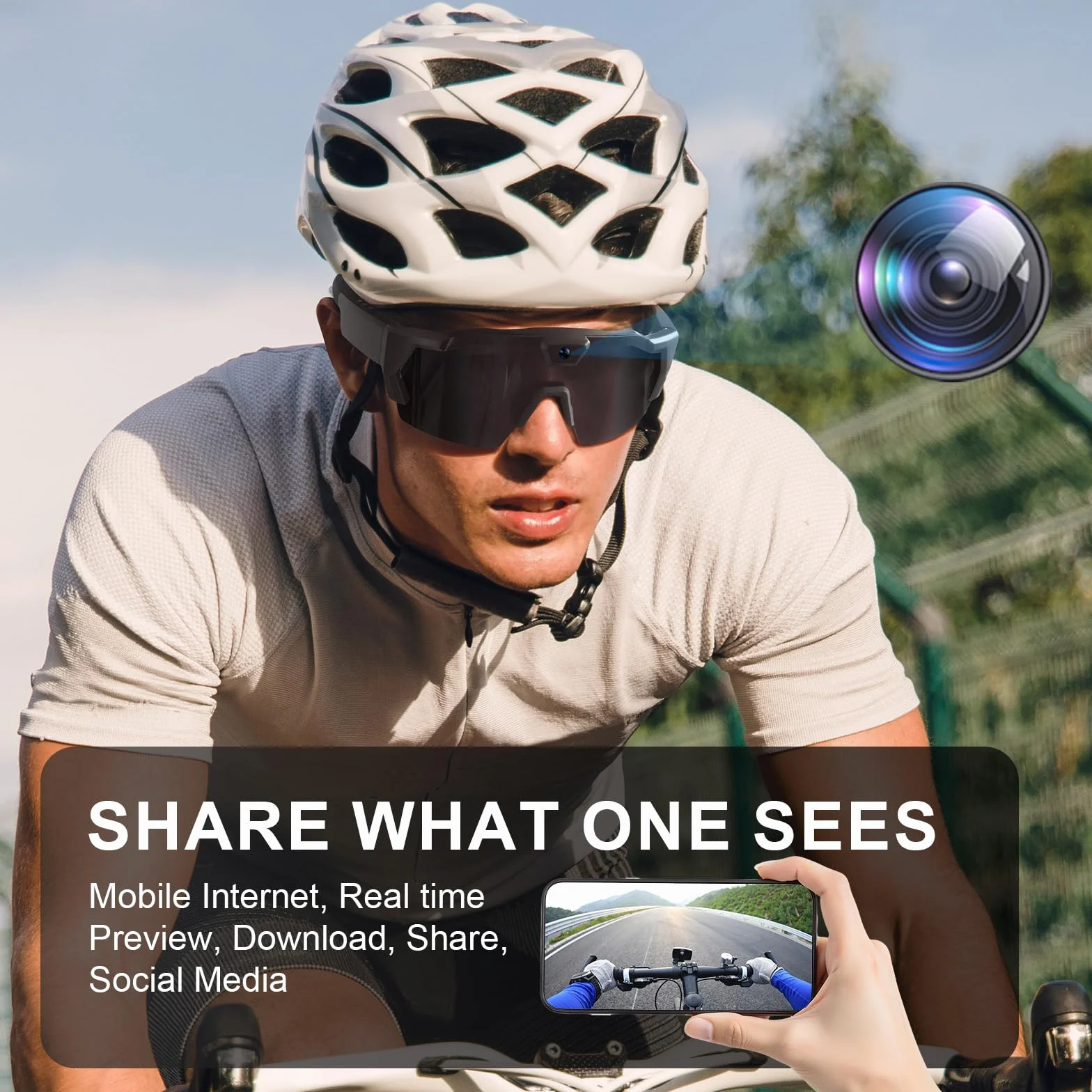 LiveOnce Gafas de grabación de video con cámara, gafas de sol inteligentes HD 1080P para deportes, ciclismo y senderismo, almacenamiento de 32 GB, micrófono integrado y lentes polarizadas (F 32 GB)
