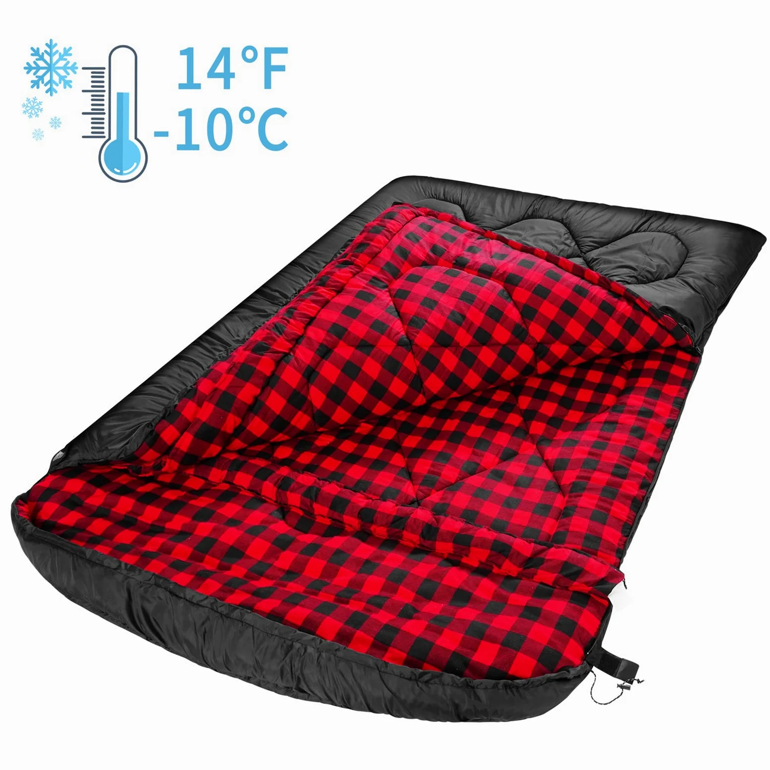 Saco de Dormir Doble de 0 Grados en Invierno, Saco de Dormir Grande, Forrada con Franela 100% algodón, Bolsa de Dormir para 2 Personas, Adecuada para Acampar, Pescar o Cazar
