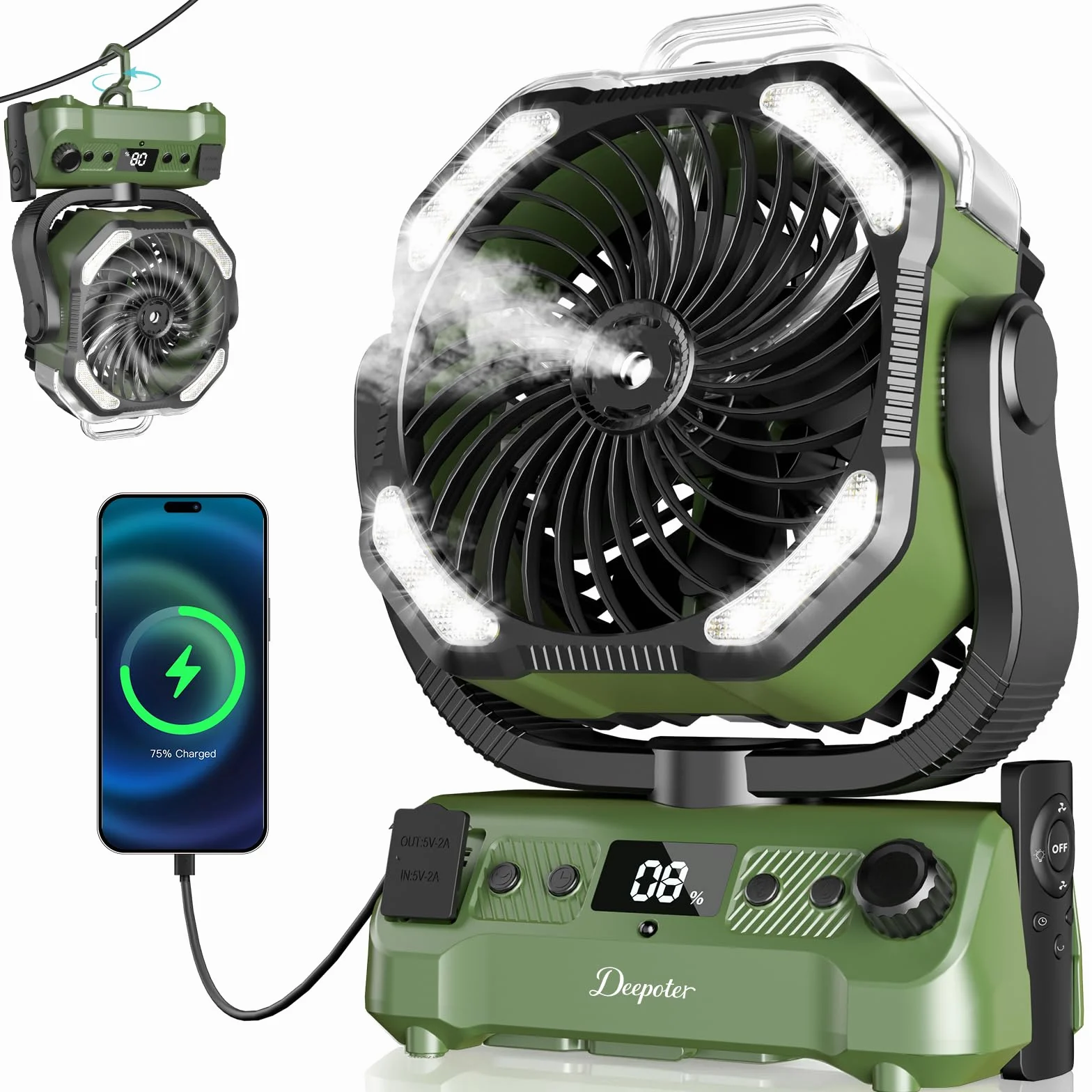 Ventilador Camping Portátil con Nebulizador y Luz LED, batería recargable, Temporizador, Rotación 270°, Gancho Colgante, Verde