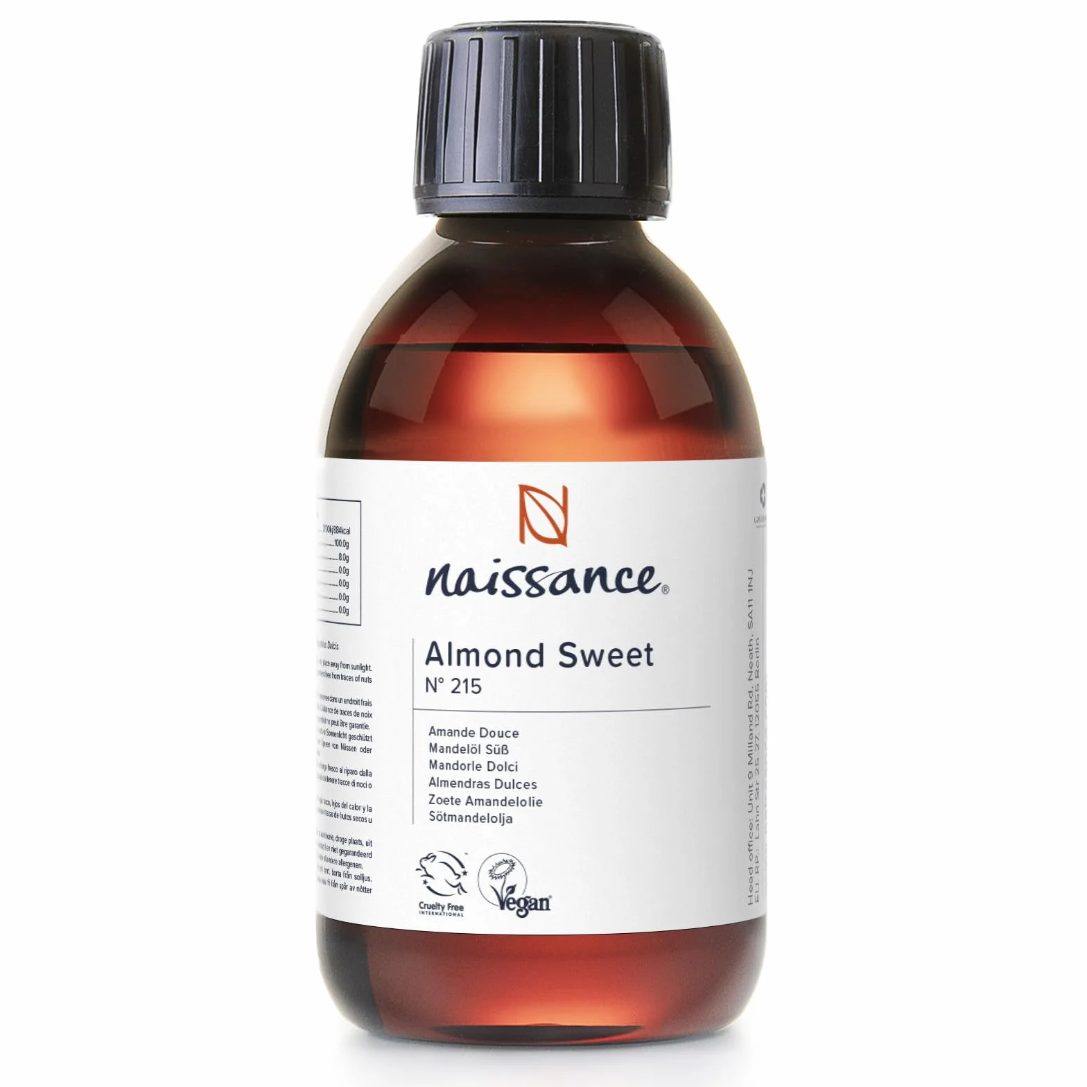 Naissance Aceite De Almendras Dulces Prensado en Frio 250ml - Hidratante y Emoliente para Cuidado de Cara, Pelo, Uñas, Cuerpo